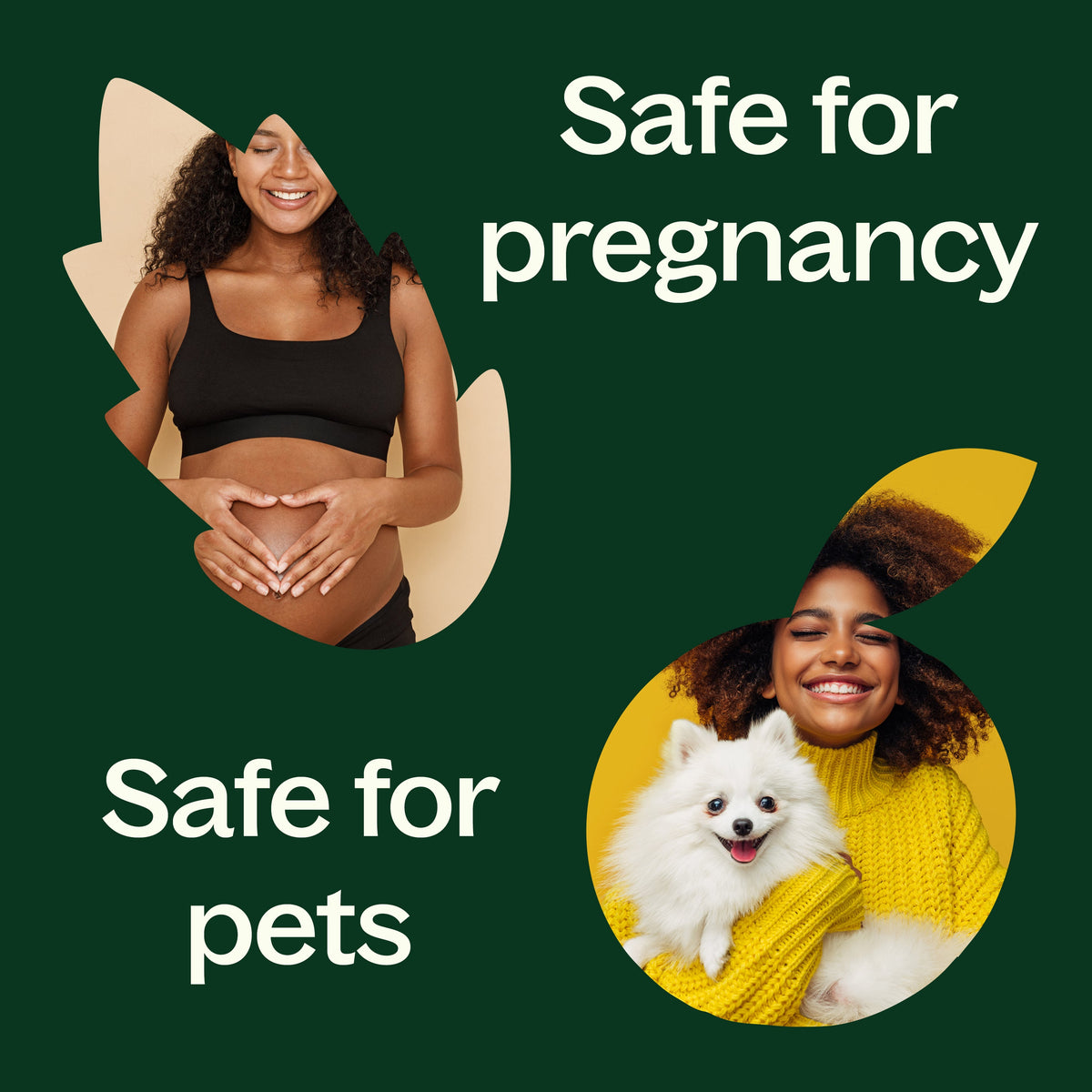 Promotional graphic showing pregnant woman and dog with safety claim text on dark green