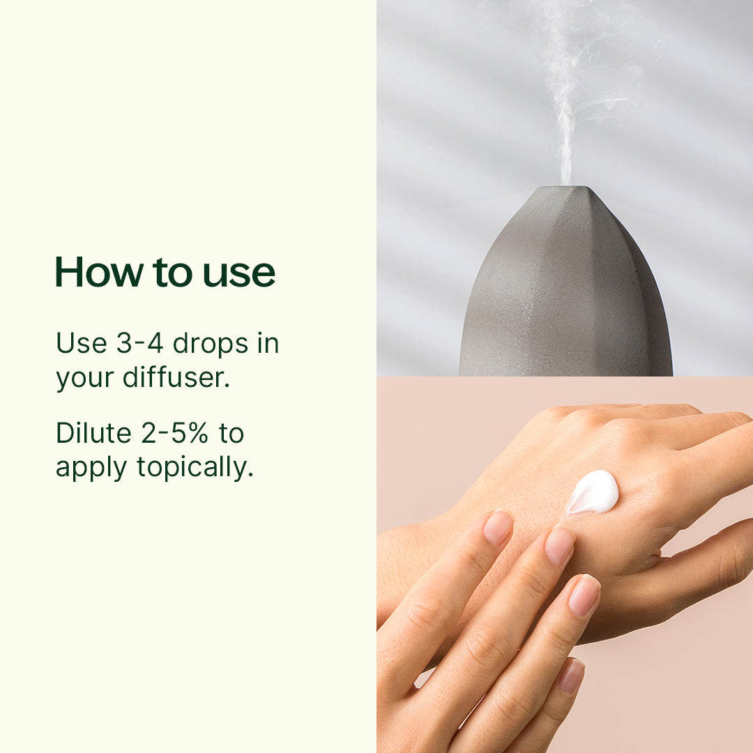 Split screen showing diffuser usage instructions and hand applying diluted essential oil lotion