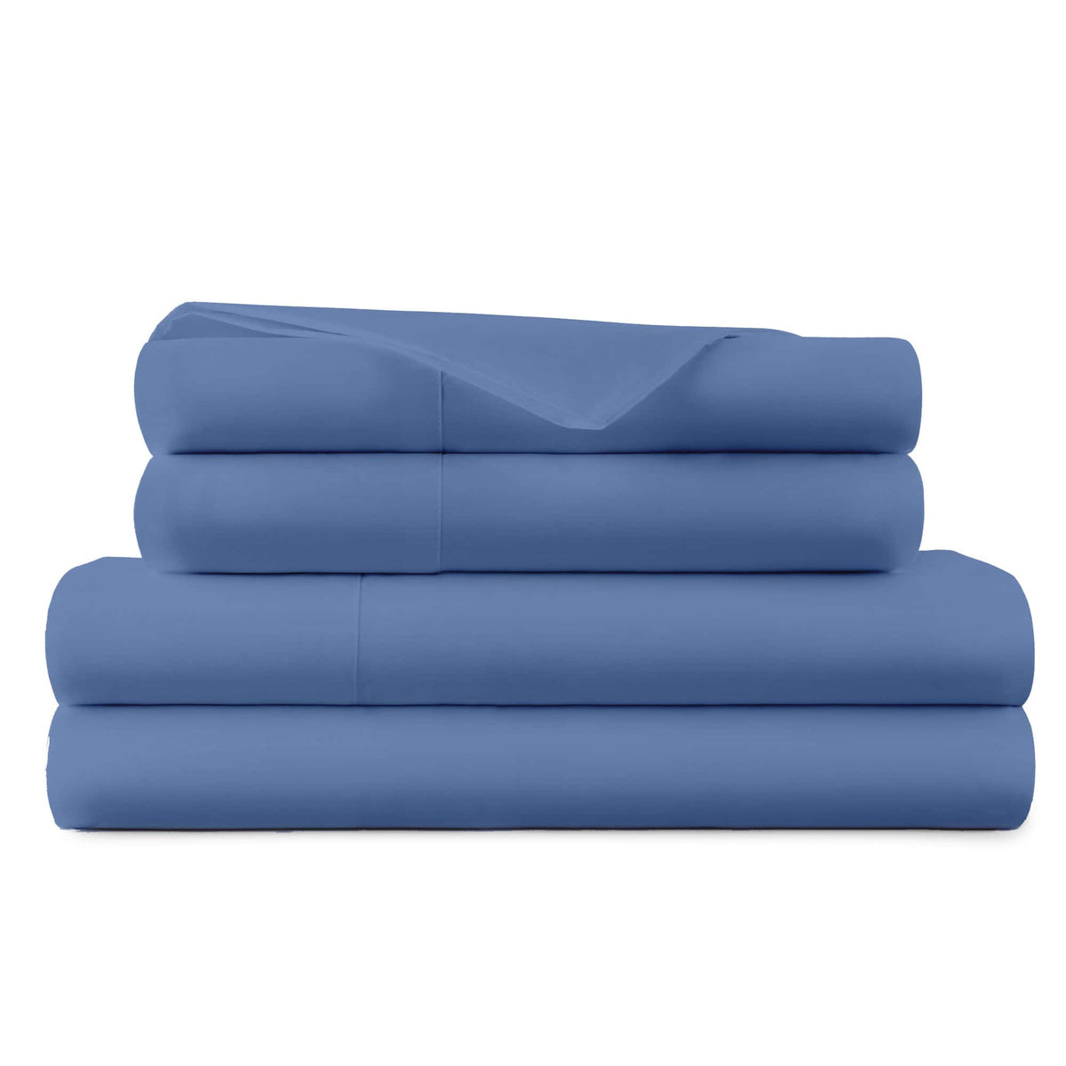 Neatly folded slate blue 270 TC percale sheet set with precise stitching