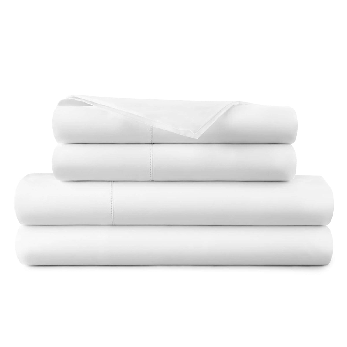 Stacked white four-piece sheet set including fitted flat sheets and pillowcases
