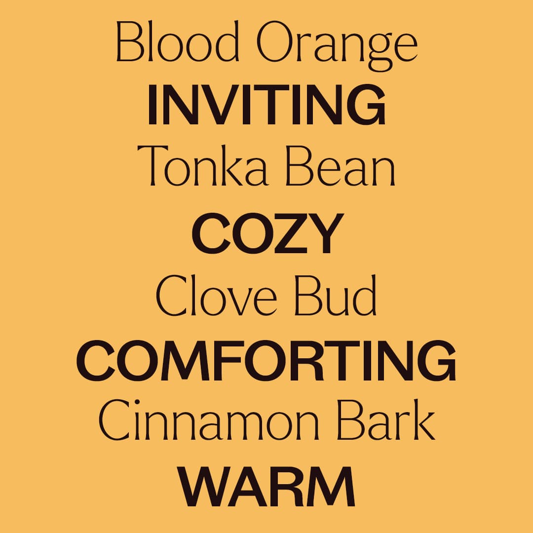 Orange graphic listing scent notes Blood Orange, Tonka Bean, Clove Bud, and Cinnamon Bark with mood descriptors in black