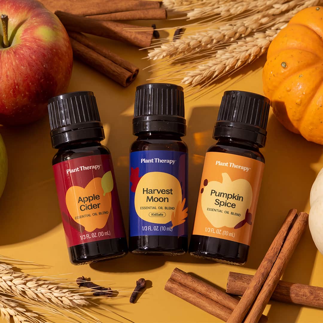 Overhead view of three essential oil bottles nestled among wheat stalks, cinnamon sticks, cloves, and small pumpkins on a
