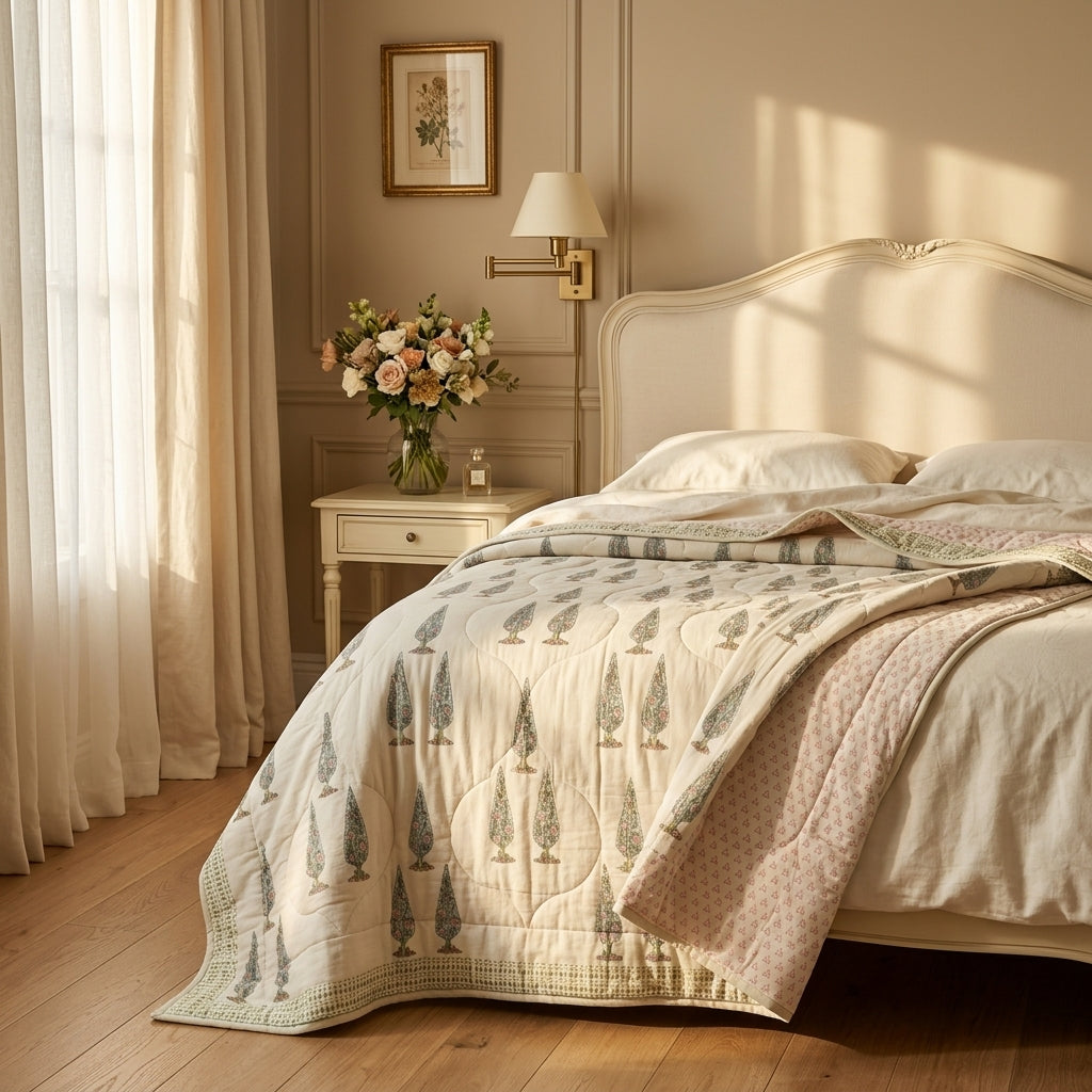 Cream comforter with green prints folded back to reveal soft pink patterned underside
