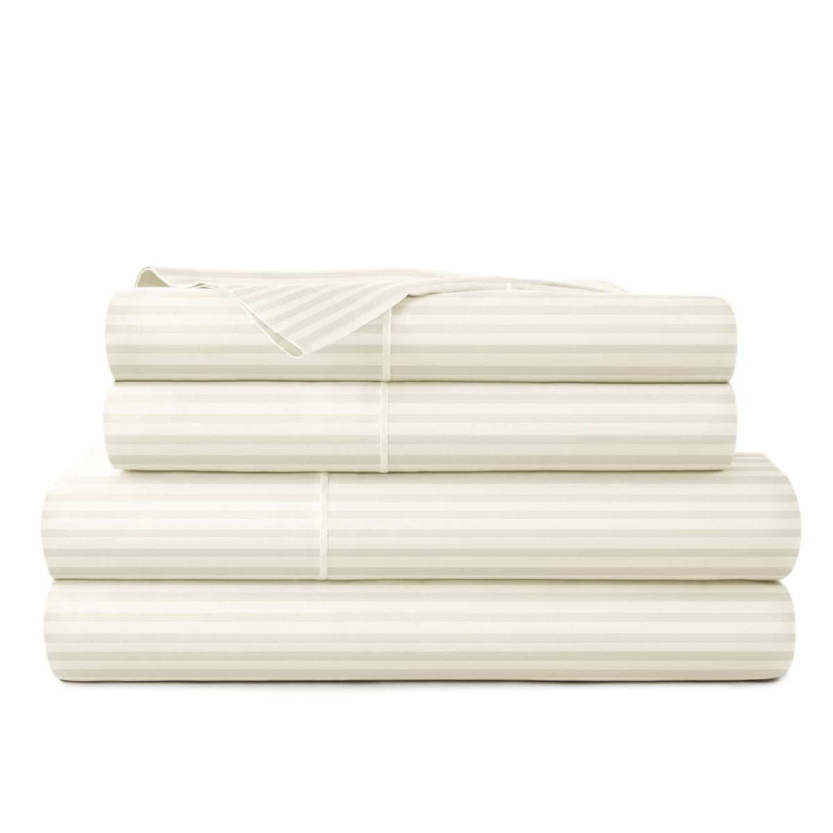 Stack of off-white sheets featuring classic subtle stripe pattern woven into 300TC sateen fabric with neat folds