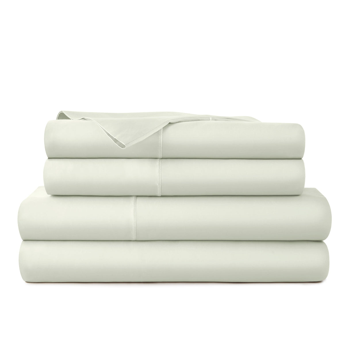 Folded stack of pale mint green Whisper Organics 300TC sateen sheet set displaying soft silky surface and precise hem