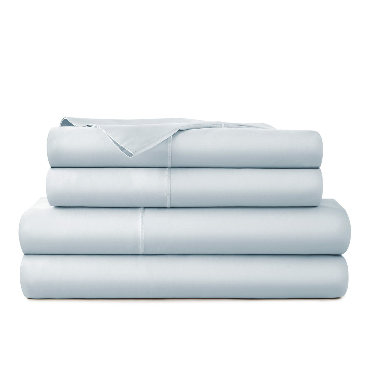 Folded stack of pastel blue Whisper Organics 300TC sateen sheet set showcasing lustrous finish and clean stitching