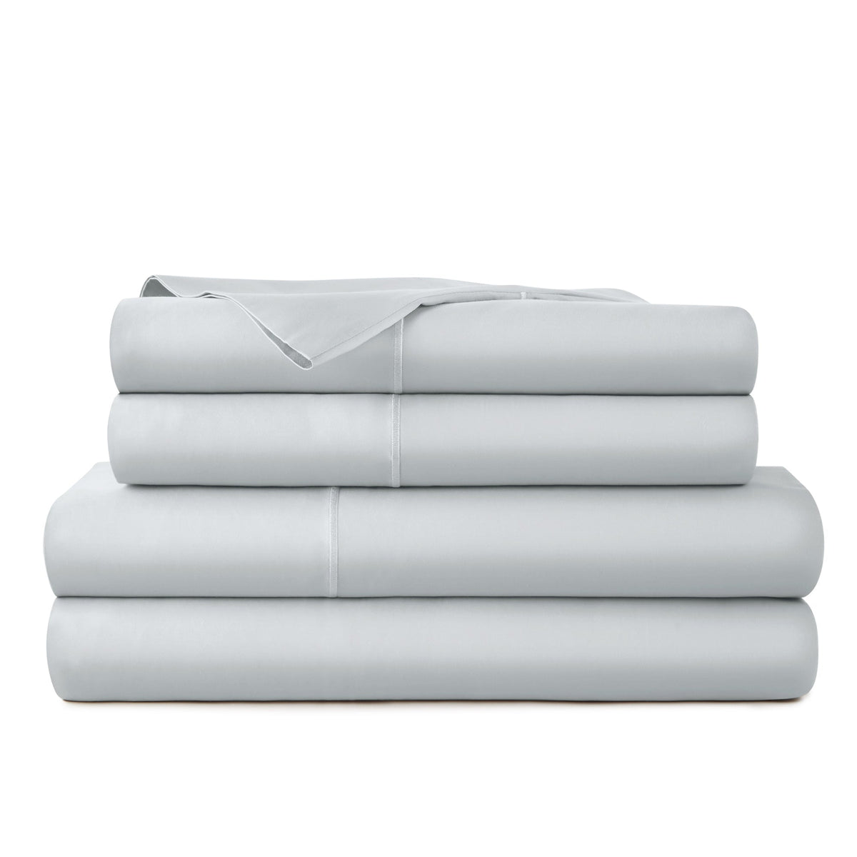 Stacked light grey 300TC sateen sheet set featuring smooth silky texture, subtle sheen, and precise piping along hem