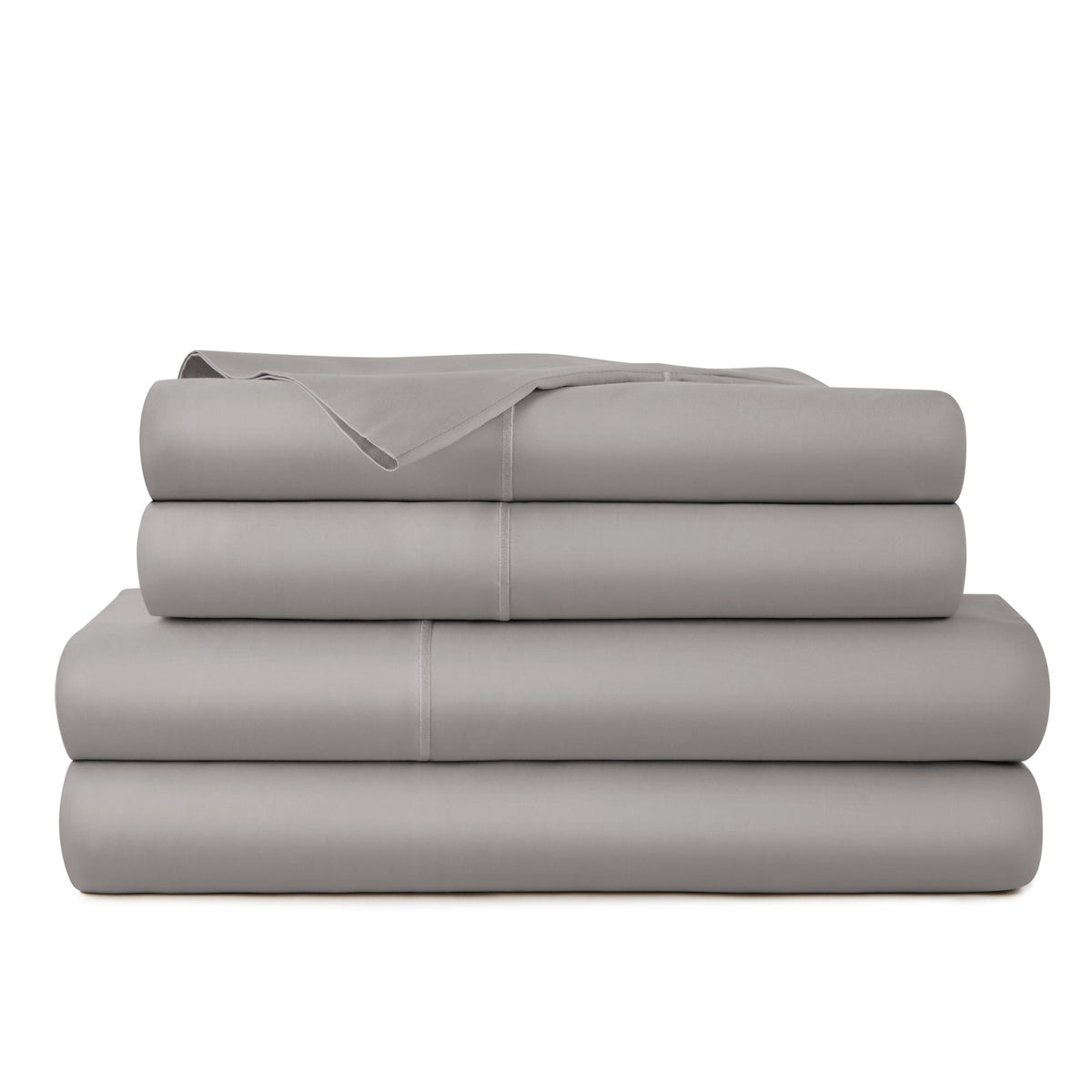 Folded stack of medium grey Whisper Organics 300TC sateen sheet set highlighting smooth drape and visible seam details