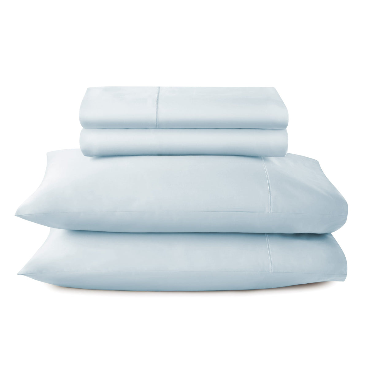 Pale blue ethically made organic cotton bedding stack illustrating smooth breathable quality