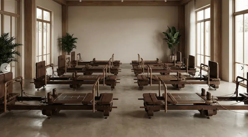 Multiple rows of brown wooden Sculptformer machines facing each other in a sunlit studio with potted plants