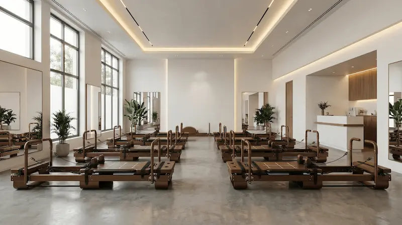 Two parallel rows of brown Sculptformer machines facing mirrors in a modern studio with polished concrete floors