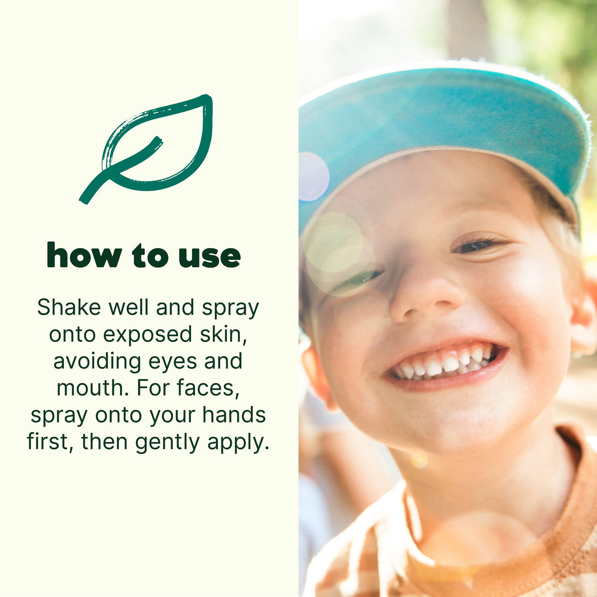 Instructional graphic with usage text next to photo of smiling boy in blue cap explaining application