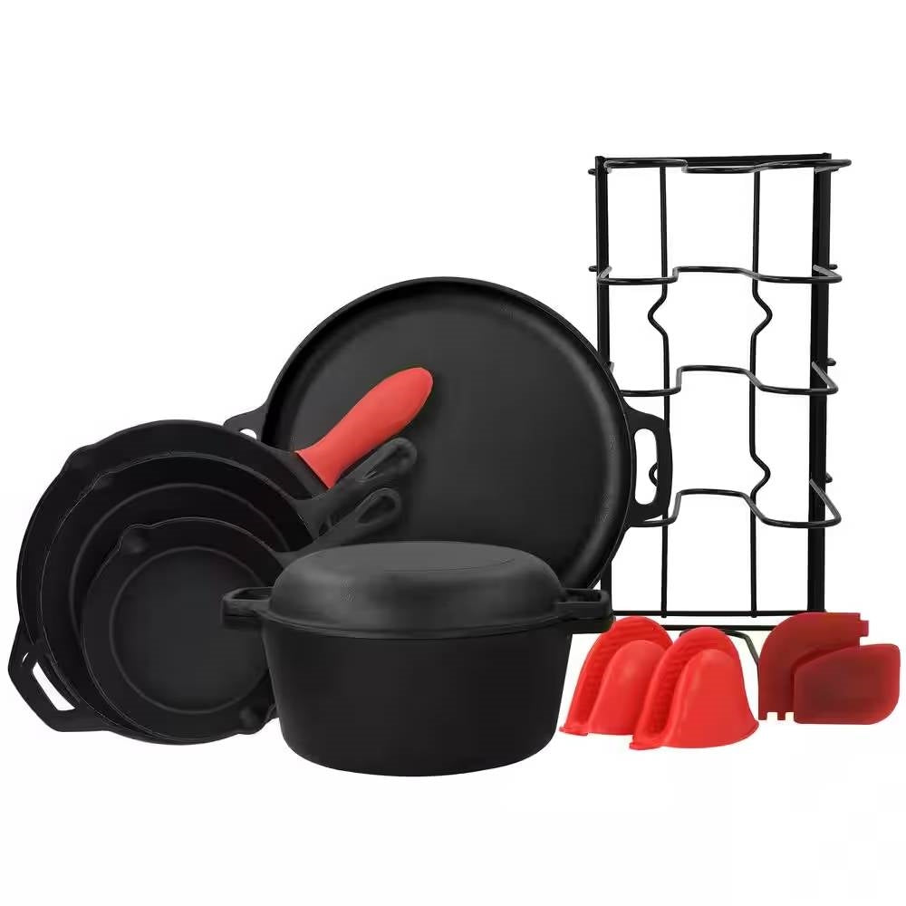 Complete 12-piece cast iron cookware set with storage rack, red silicone covers, and pizza pan
