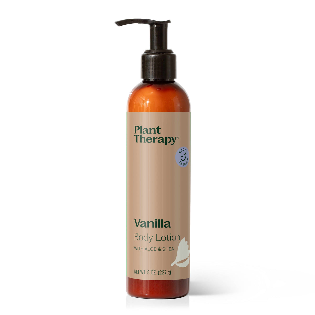 Amber pump bottle of vanilla body lotion with beige label on white background