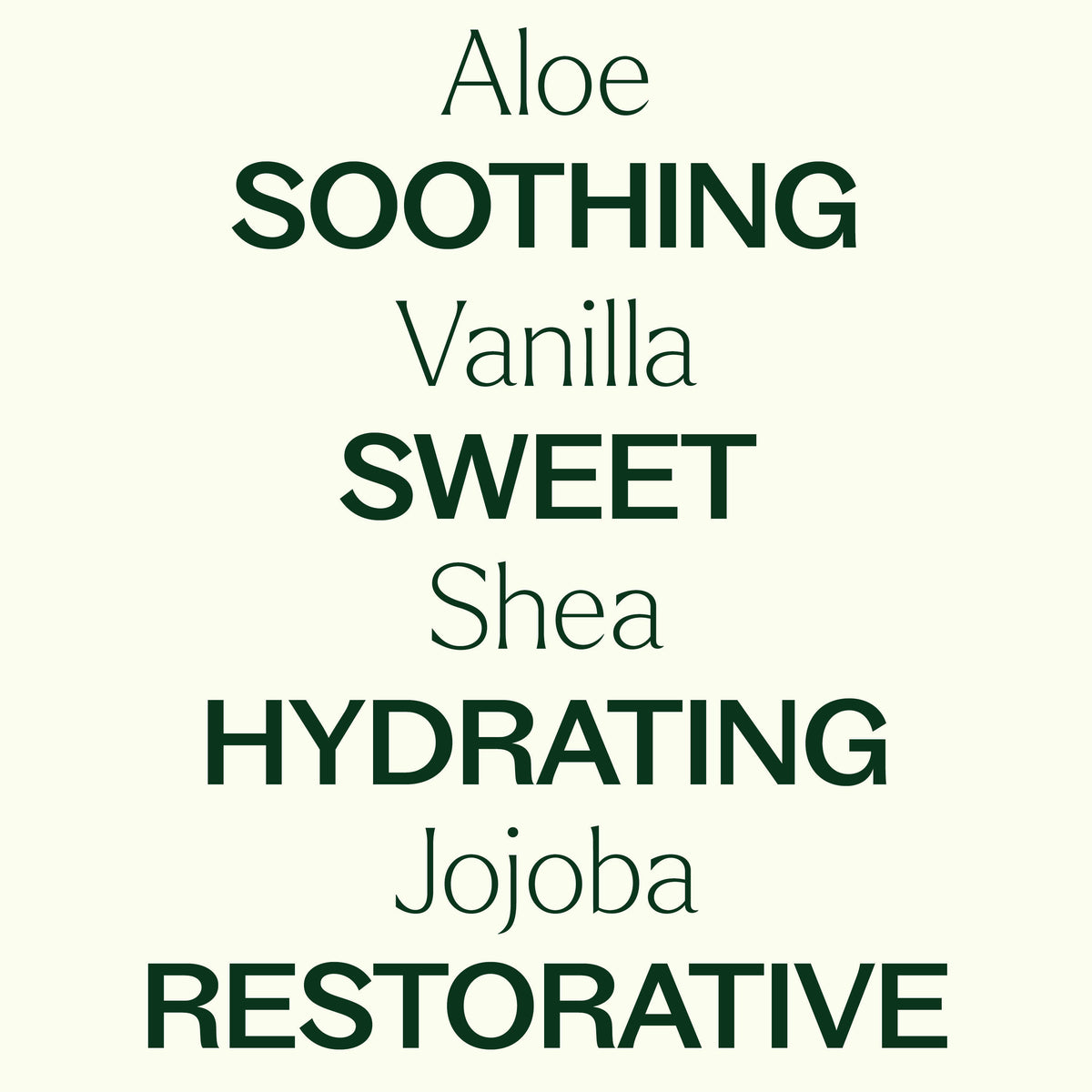 Cream infographic listing aloe soothing, vanilla sweet, shea hydrating, jojoba restorative