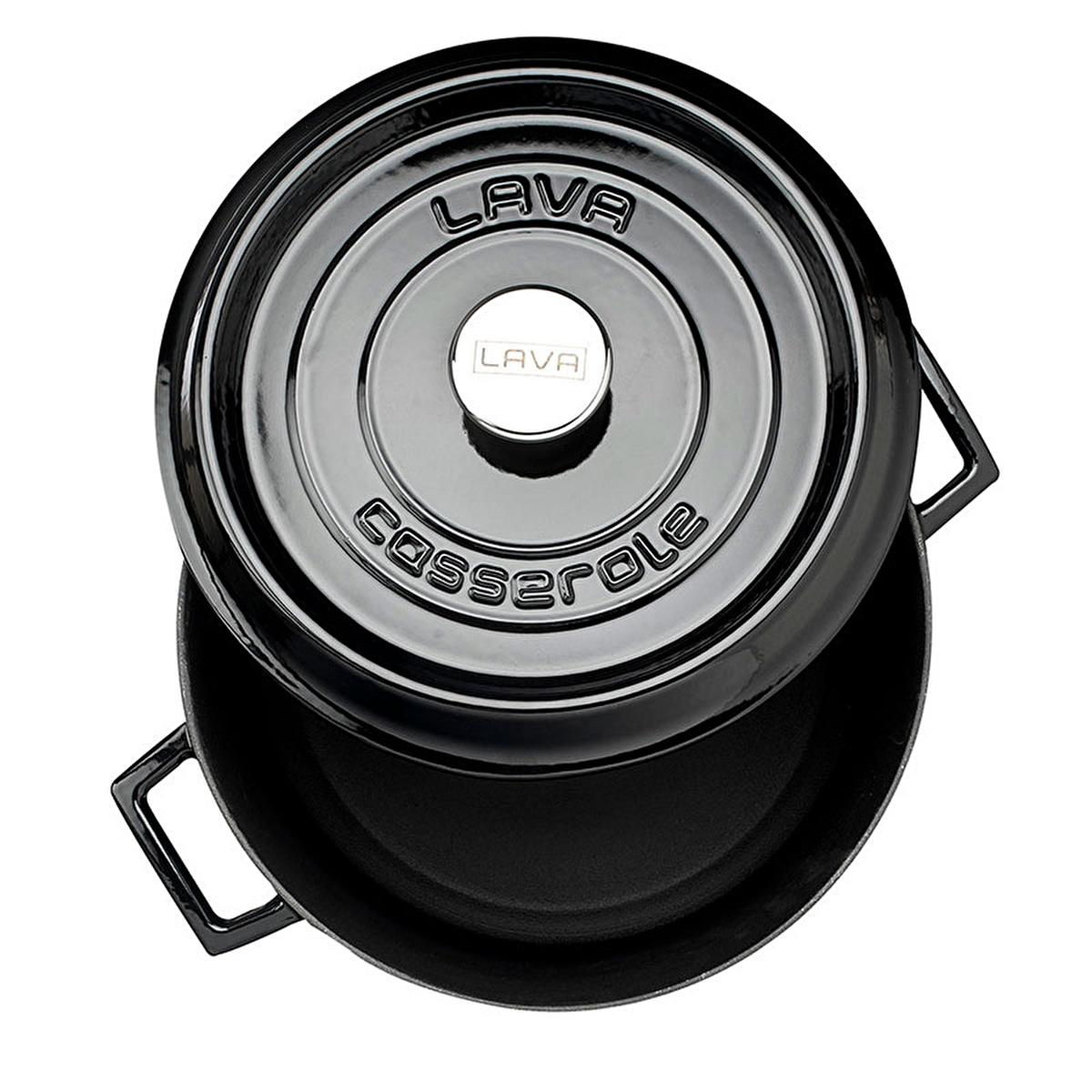 Top-down view of embossed LAVA logo on black lid above open enameled cast iron pot body