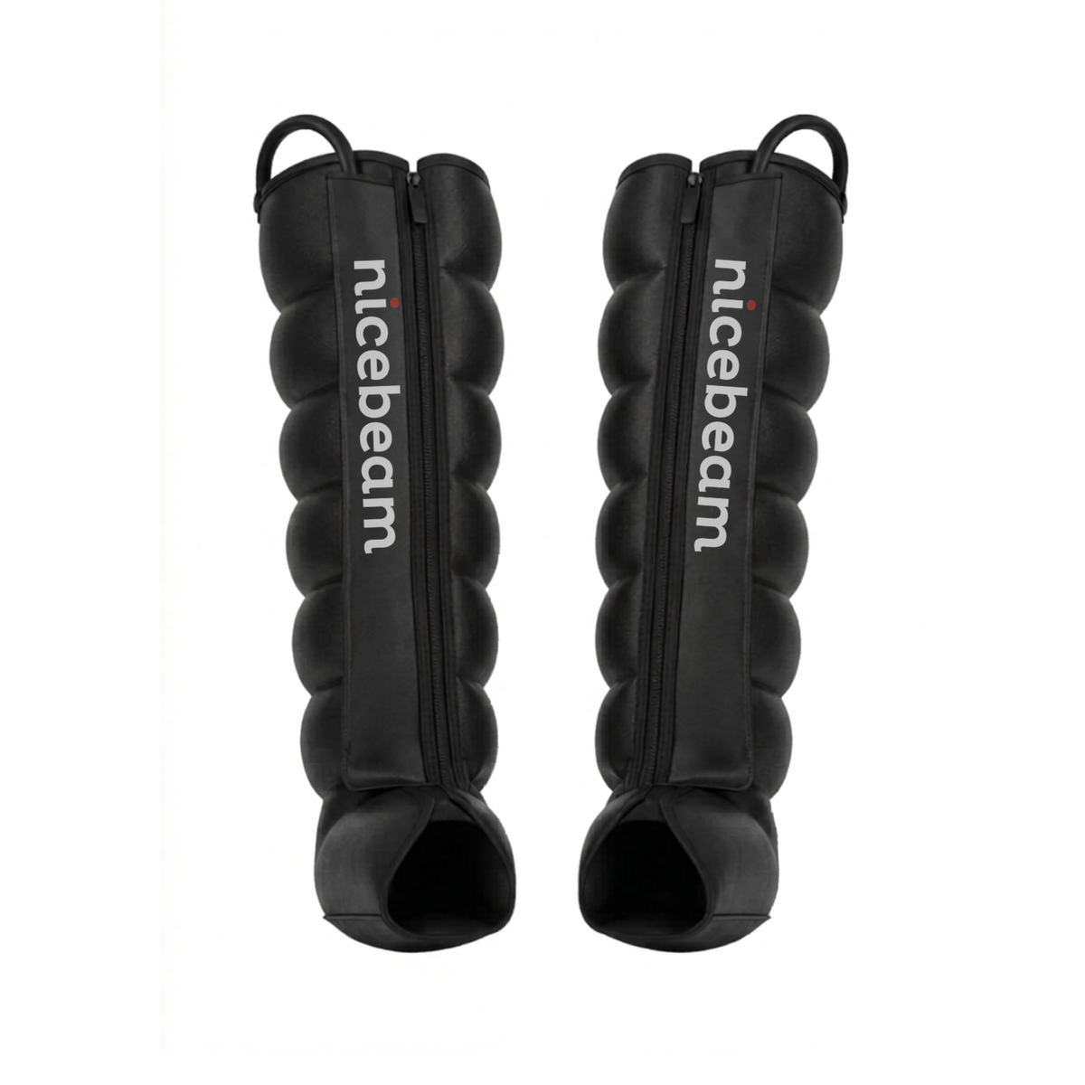 Pair of black wireless compression boots displayed side-by-side against white background featuring segmented bubble design