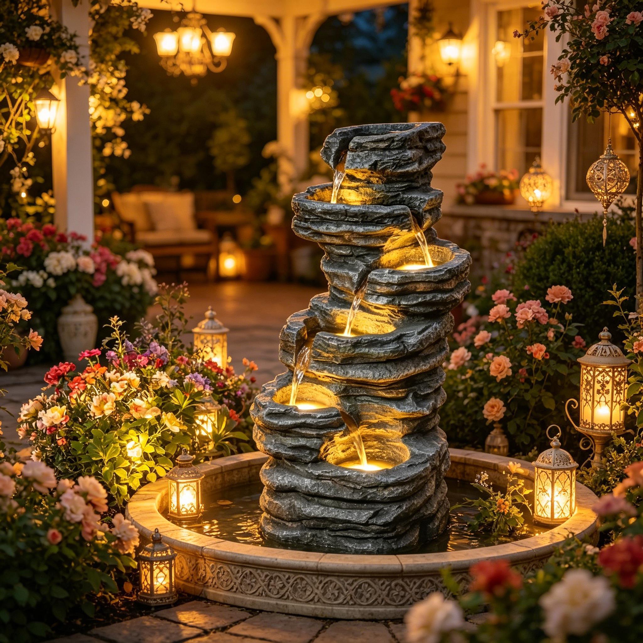 Resin 6 Tier Rock Cascade Outdoor Fountain 40 Inch LED
