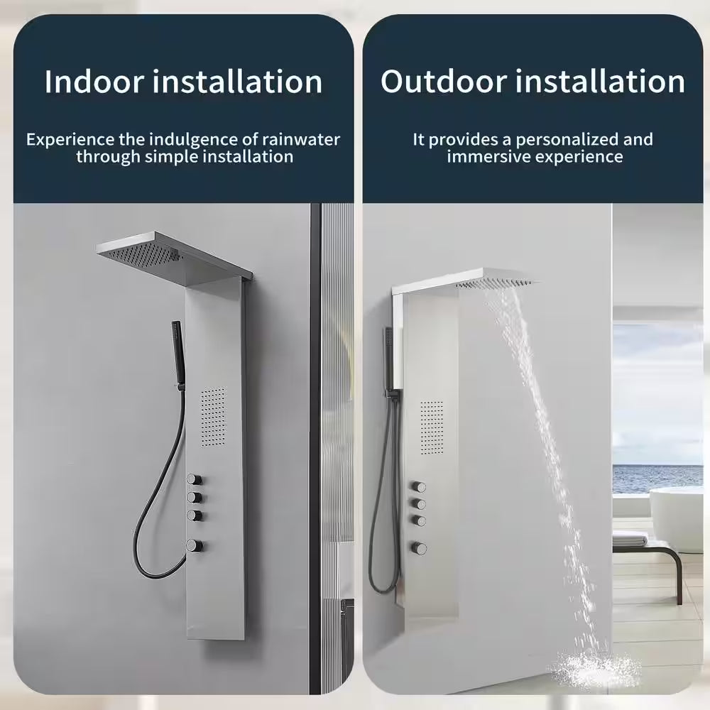 1-Jet Rainfall Shower Tower Shower Panel System with Rainfall Waterfall Shower Head and Shower Wand in Brushed Nickel