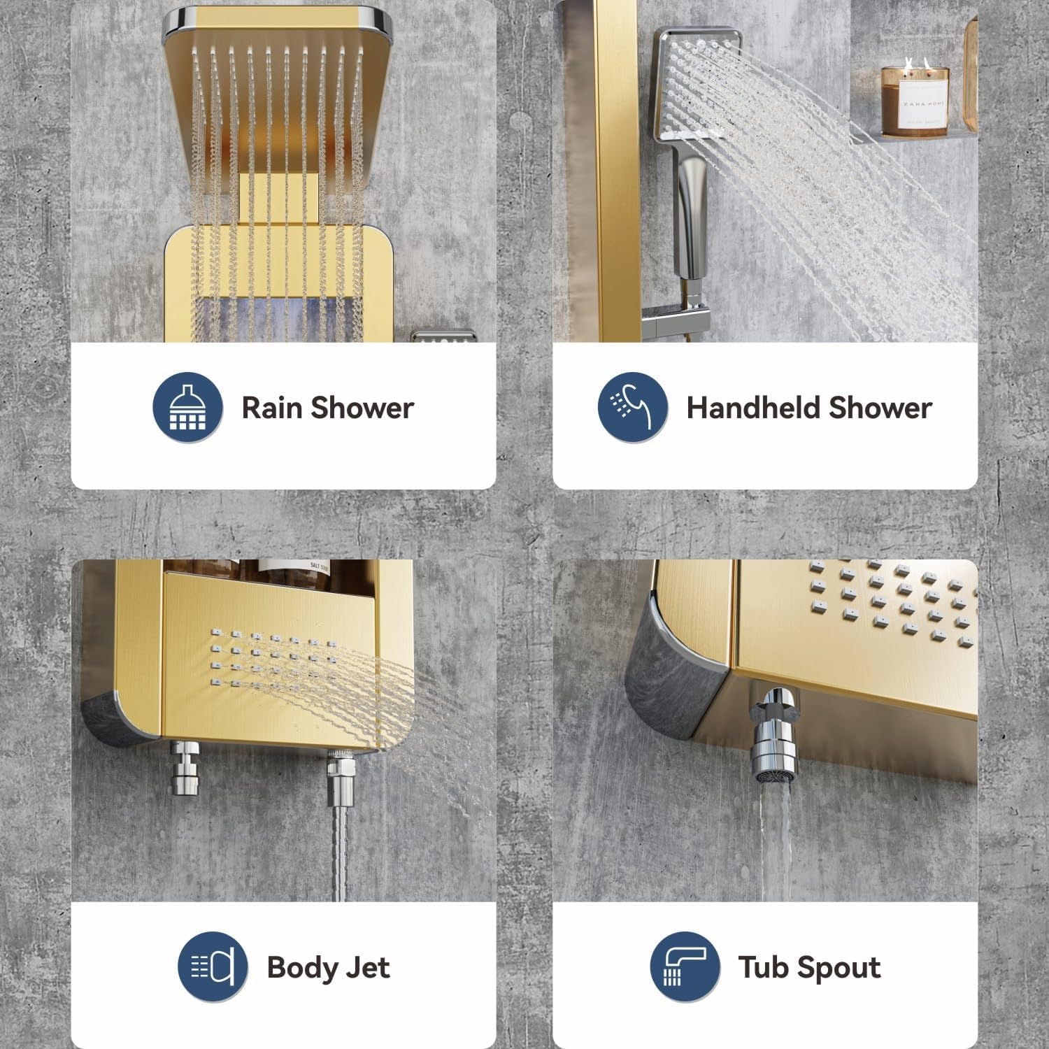 LED Rainfall Shower Head and Rain Massage System with Body Jets Stainless Steel Bathroom Shower Panel Tower System with Shelf, Brushed Gold&Chrome
