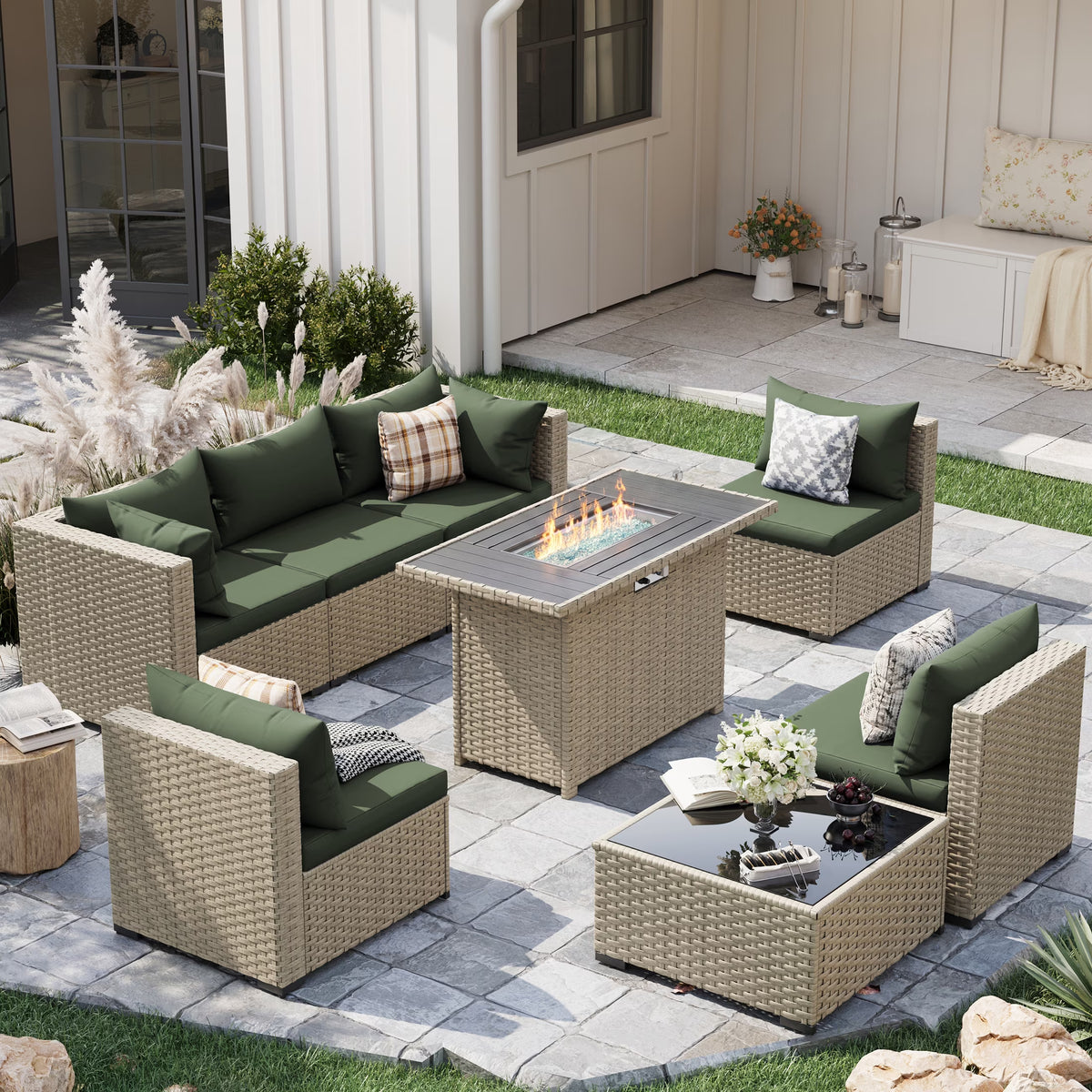 Outdoor Patio Furniture Set with Fire Pit Table, 8 Piece Outdoor Sectional Sofas, All-Weather Wicker Patio Conversation Set for Garden, Green