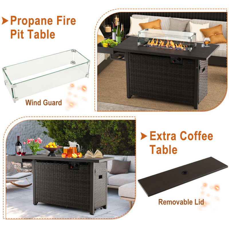 52 Inches Outdoor Fire Pit Wicker Propane Fire Pit Table with Cover