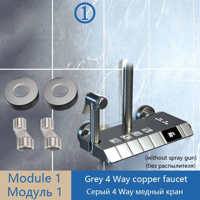 Gray Shower Set Bathroom Copper Shower System LED Digital Display Temperature Bathtub Shower Faucet DIY Shower Accessories Sets