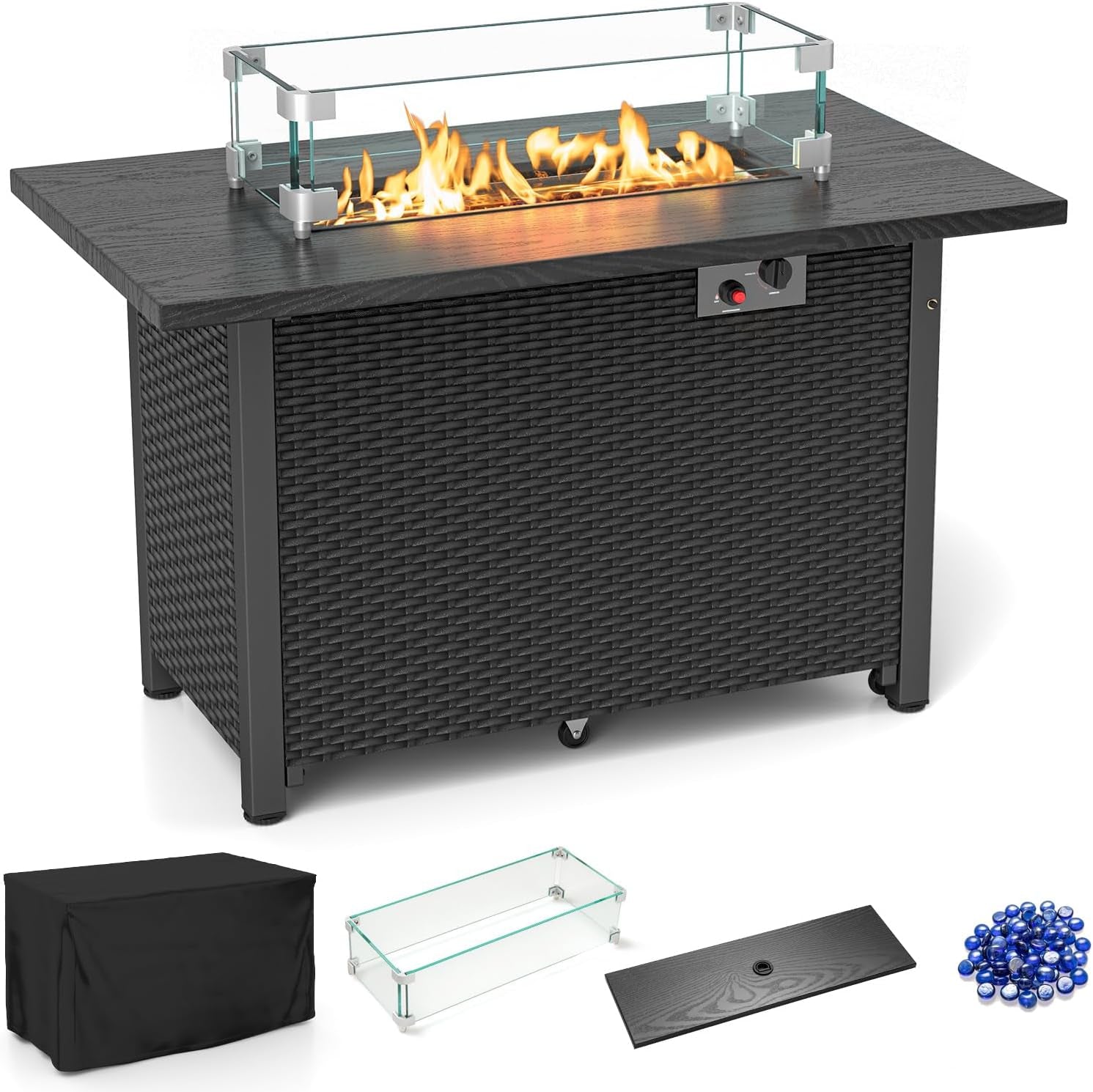 Outdoor Propane Fire Pit Table, 42 Inch Rectangular Rattan Fire Table with Wind Guard & Glass Rocks, 50,000 BTU Smokeless Gas Fire Pit for outside Patio (Black)
