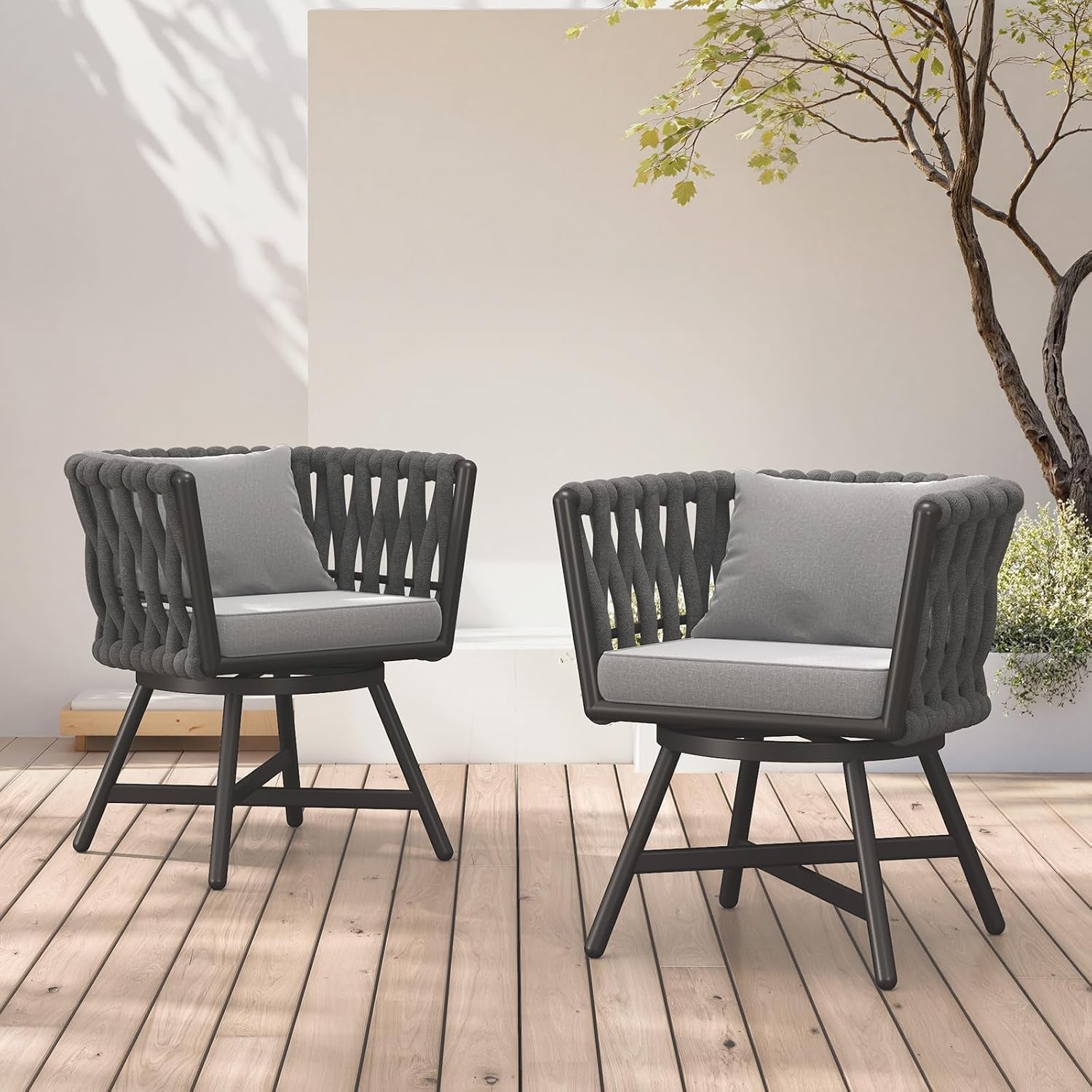 Swivel Dining Chairs Set of 2, Rope Patio Outdoor Chairs with Cushions, Heavy Duty Outdoor Patio Bistro Chairs for Lawn,Garden,Deck,Backyard,Porch and Balcony, Light Gray