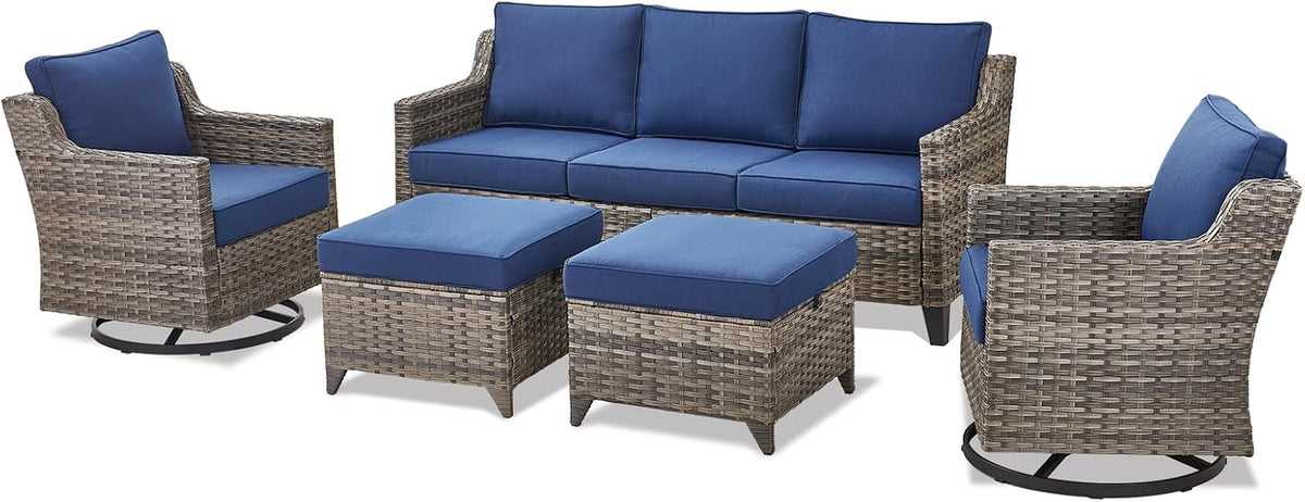 Outdoor Patio Furniture Set-5 Pieces All-Weather Wicker Outdoor Furniture with Swivel Patio Chairs Outdoor Patio Conversation Sets for Garden Porch Deck Grey/Blue