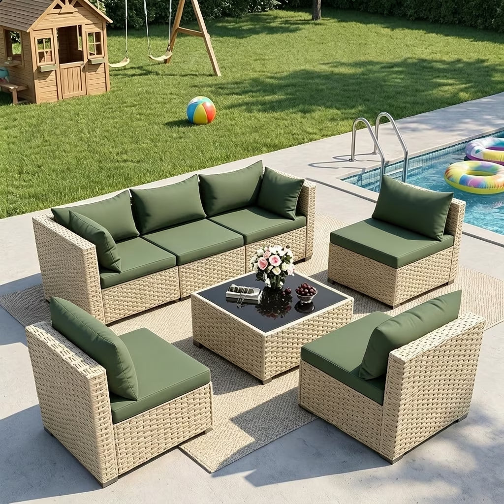 7 Pieces Outdoor Patio Furniture Set, Grey Rattan Wicker Outdoor Conversation Sectional Sofa Set with Cushions for Backyard, Green