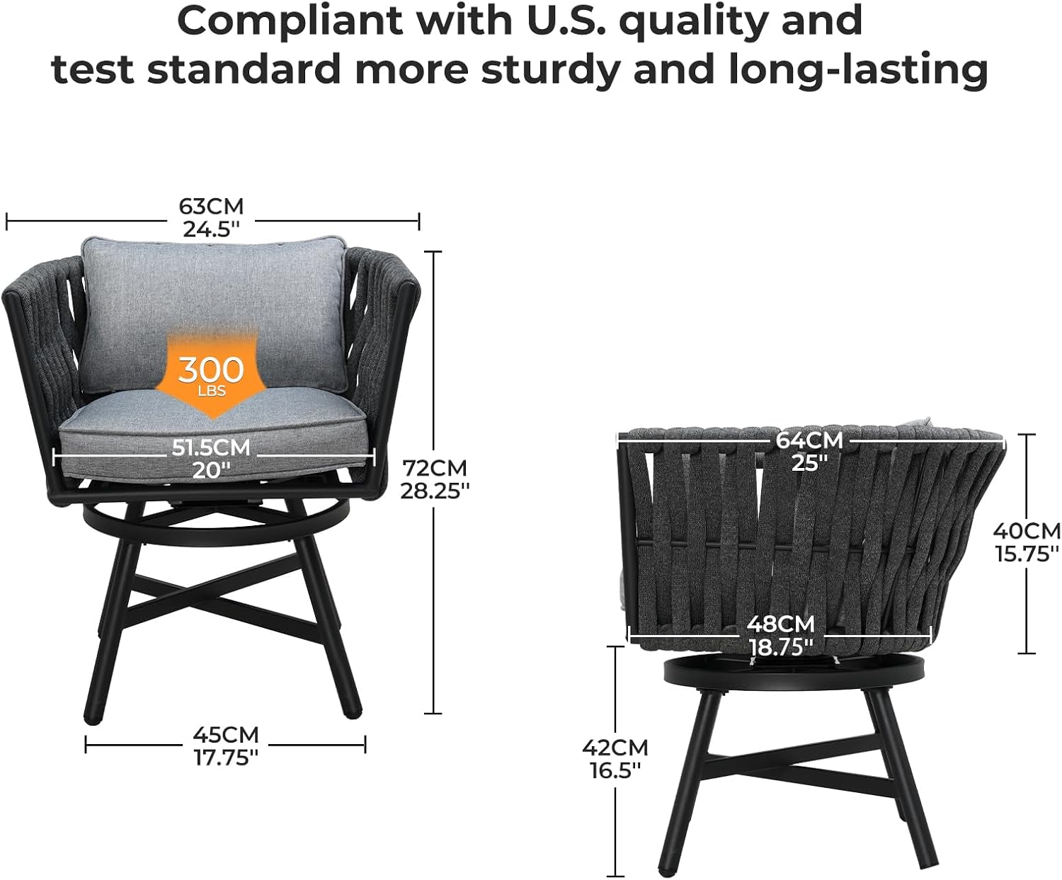 Swivel Dining Chairs Set of 2, Rope Patio Outdoor Chairs with Cushions, Heavy Duty Outdoor Patio Bistro Chairs for Lawn,Garden,Deck,Backyard,Porch and Balcony, Light Gray