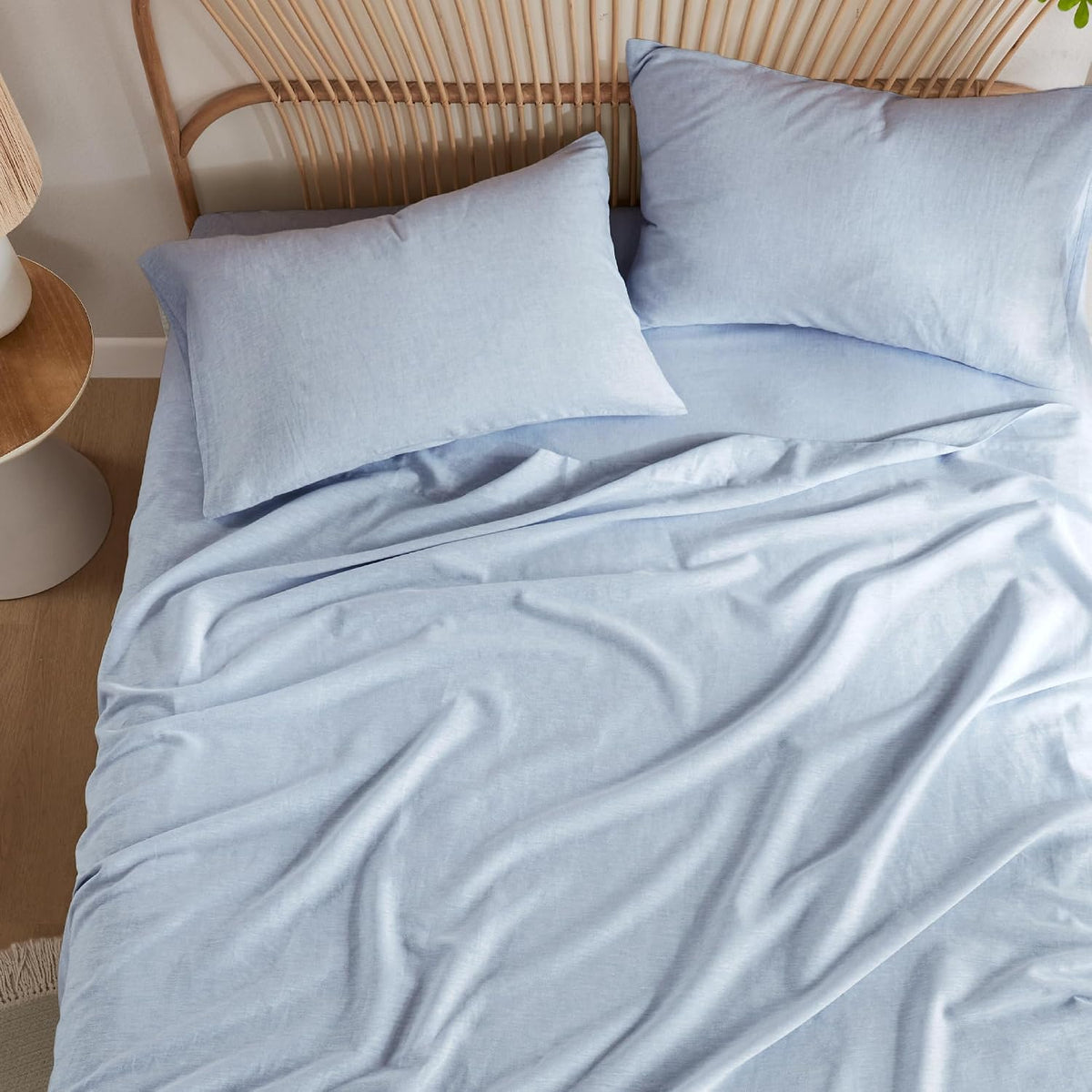 Luxurious Linen Cotton Sheet Set, Organic Linen Blend Bed Sheets - 15 Inches Deep Pocket, 4 Pcs French Flax Linen Bedding Set for All Seasons (King, Blue)
