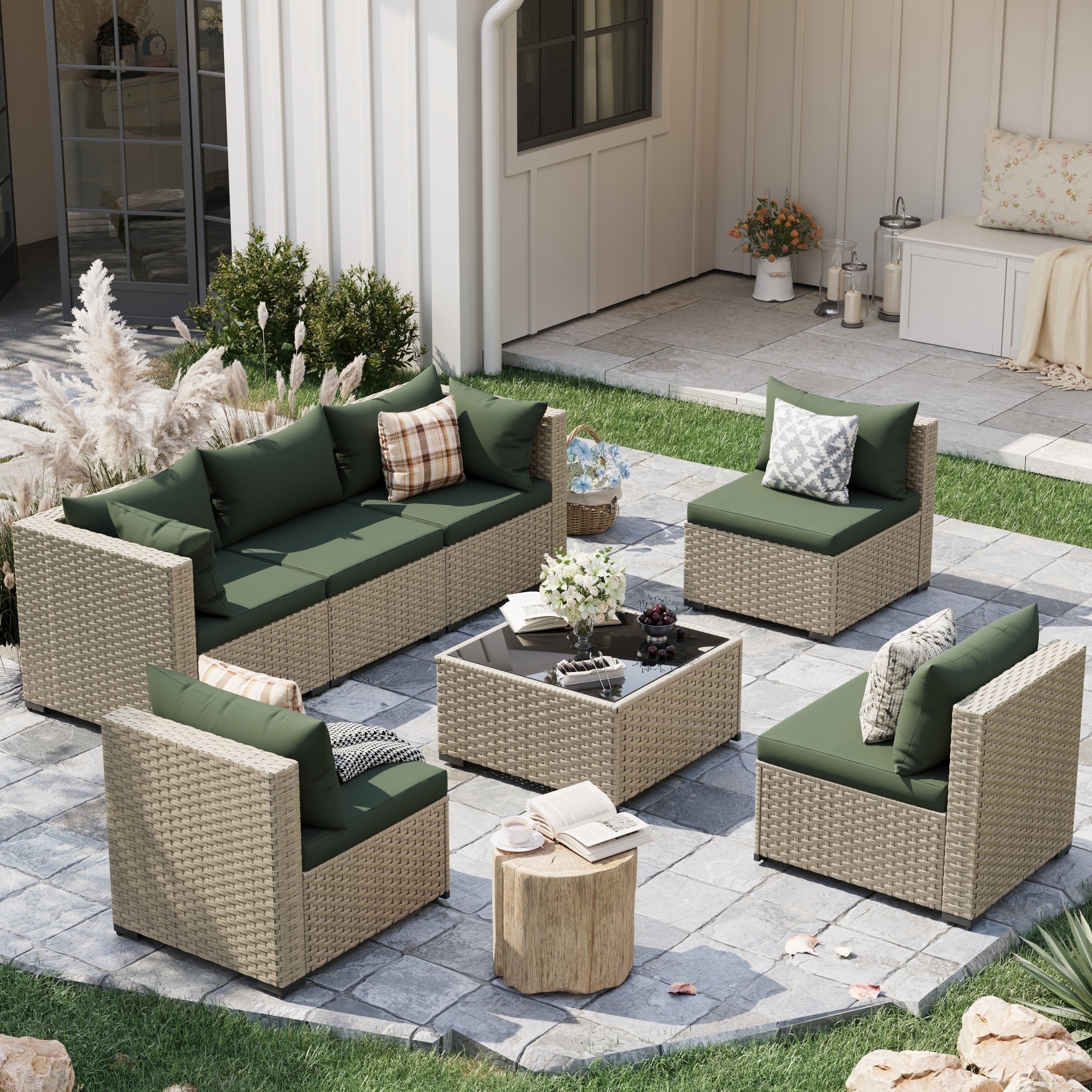 7 Pieces Outdoor Patio Furniture Set, Grey Rattan Wicker Outdoor Conversation Sectional Sofa Set with Cushions for Backyard, Green