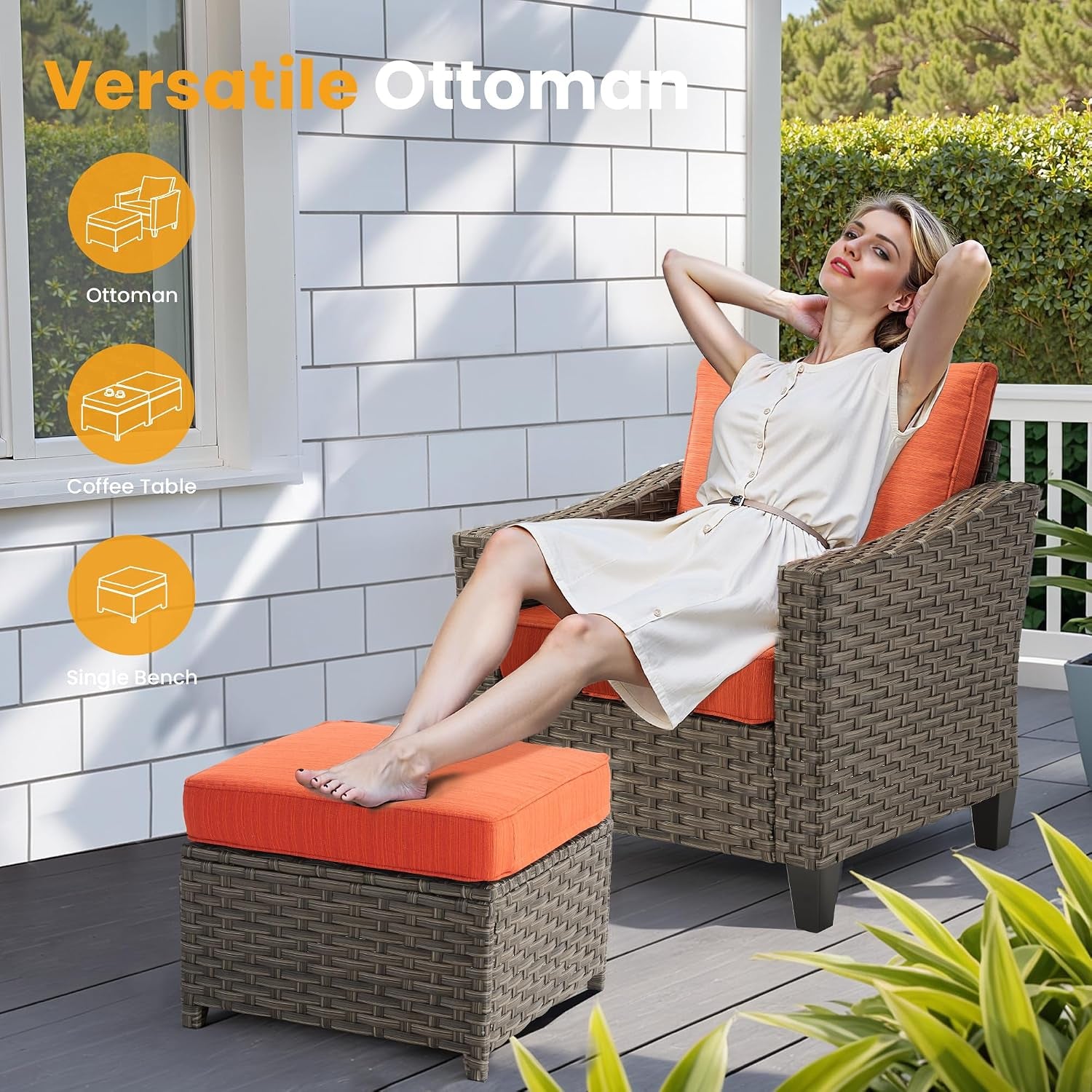 10 PCS Outdoor Patio Furniture 54In Set with Fire Pit Table, All-Weather Rattan Wicker Conversation Group with Deep Seating, High Back Comfort for Porch, Backyard, Orange