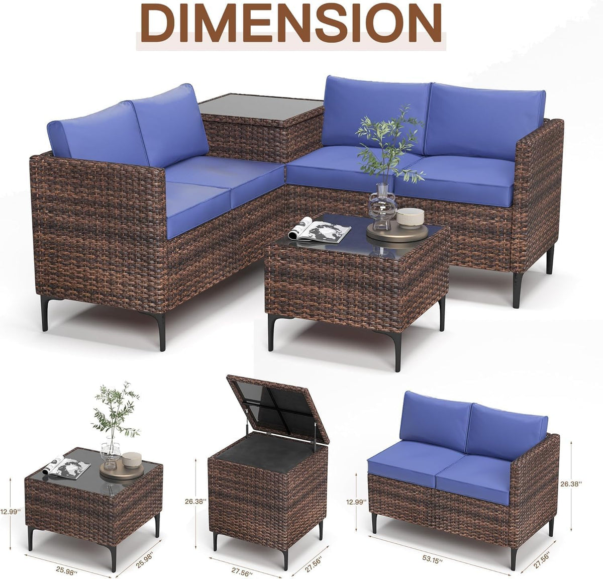 Outdoor Wicker Patio Conversation Set with Storage, PE Rattan Sofa