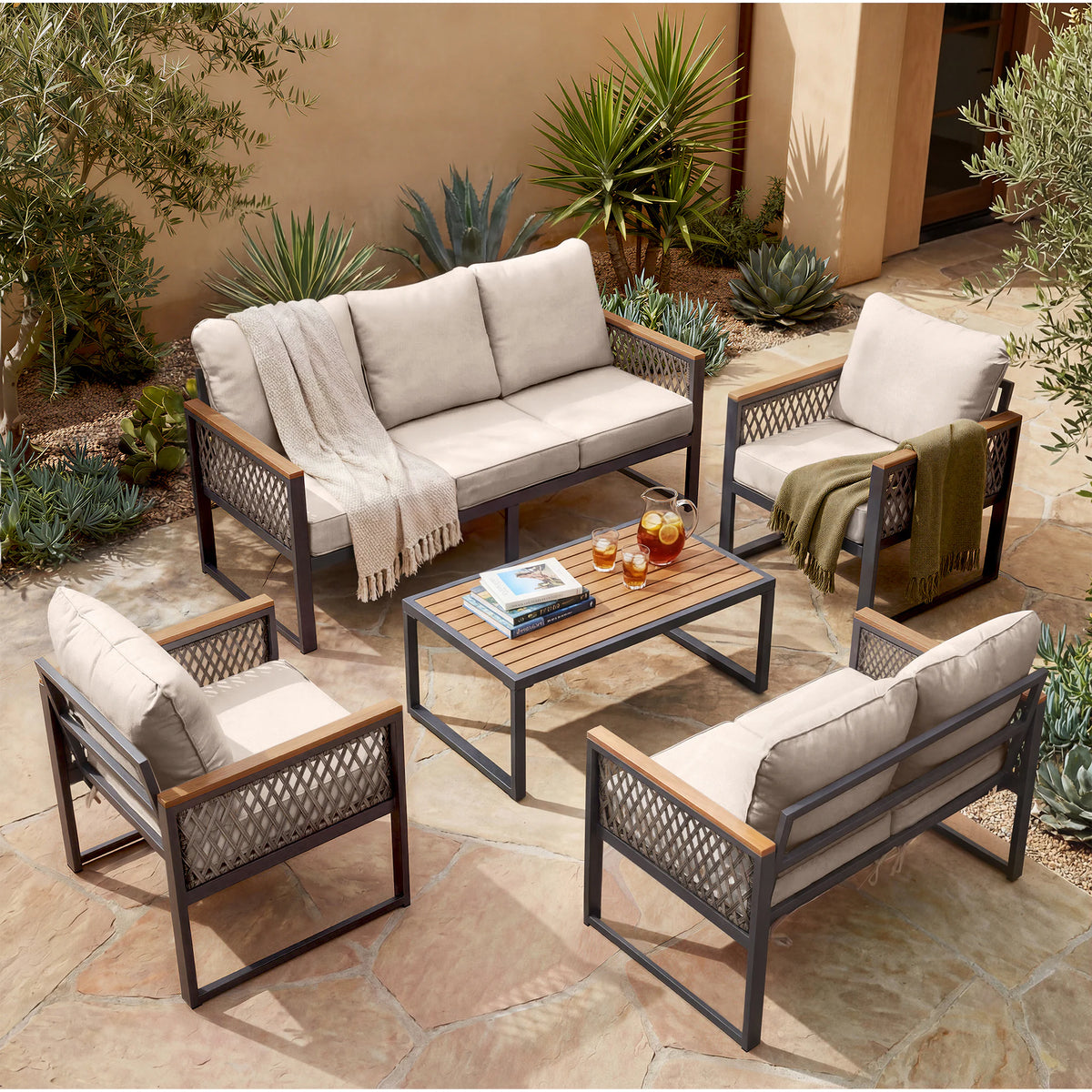 5 -Piece Patio Conversation Set with Beige Cushions Included