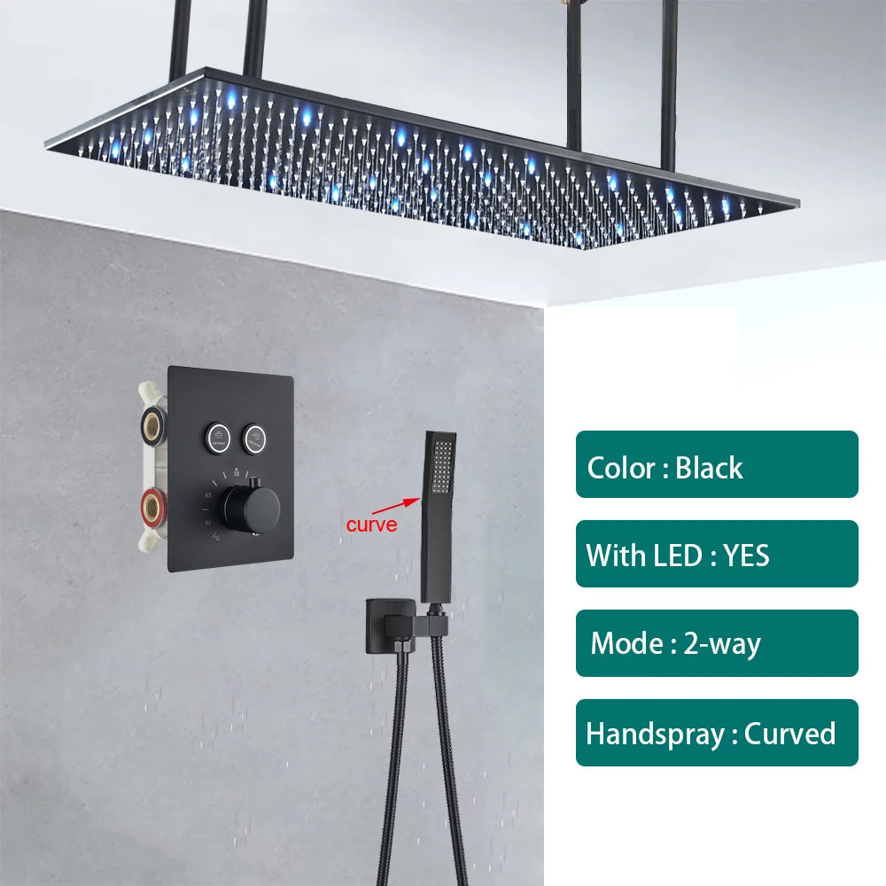 Ceiling Shower Faucet Big Rainfall LED Shower Head Concealed Shower System Black Embedded Shower