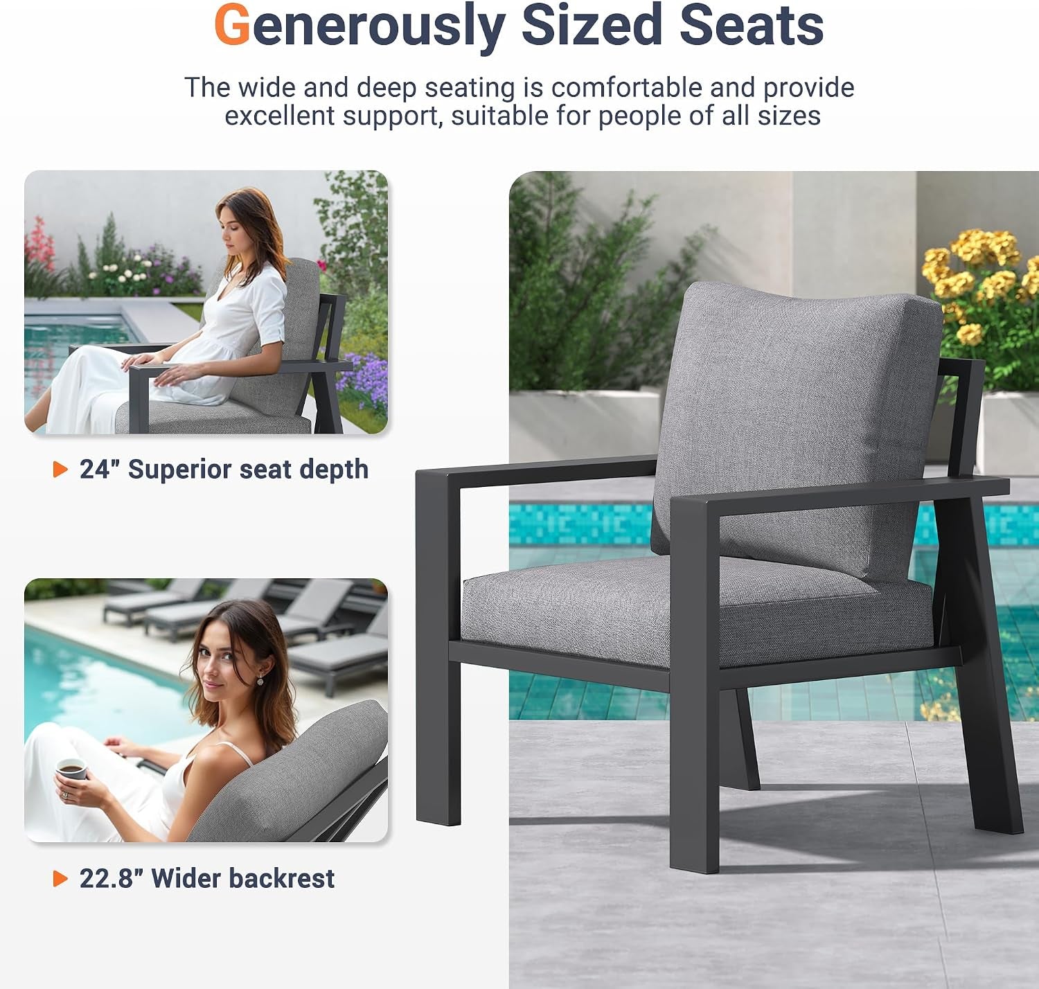 Aluminum Outdoor Patio Furniture Set 5 Pieces Metal Conversation Sets 7 Seat Sectional Sofa Modern Seating Set with Coffee Table for Outdoor Garden Backyard, Dark Grey