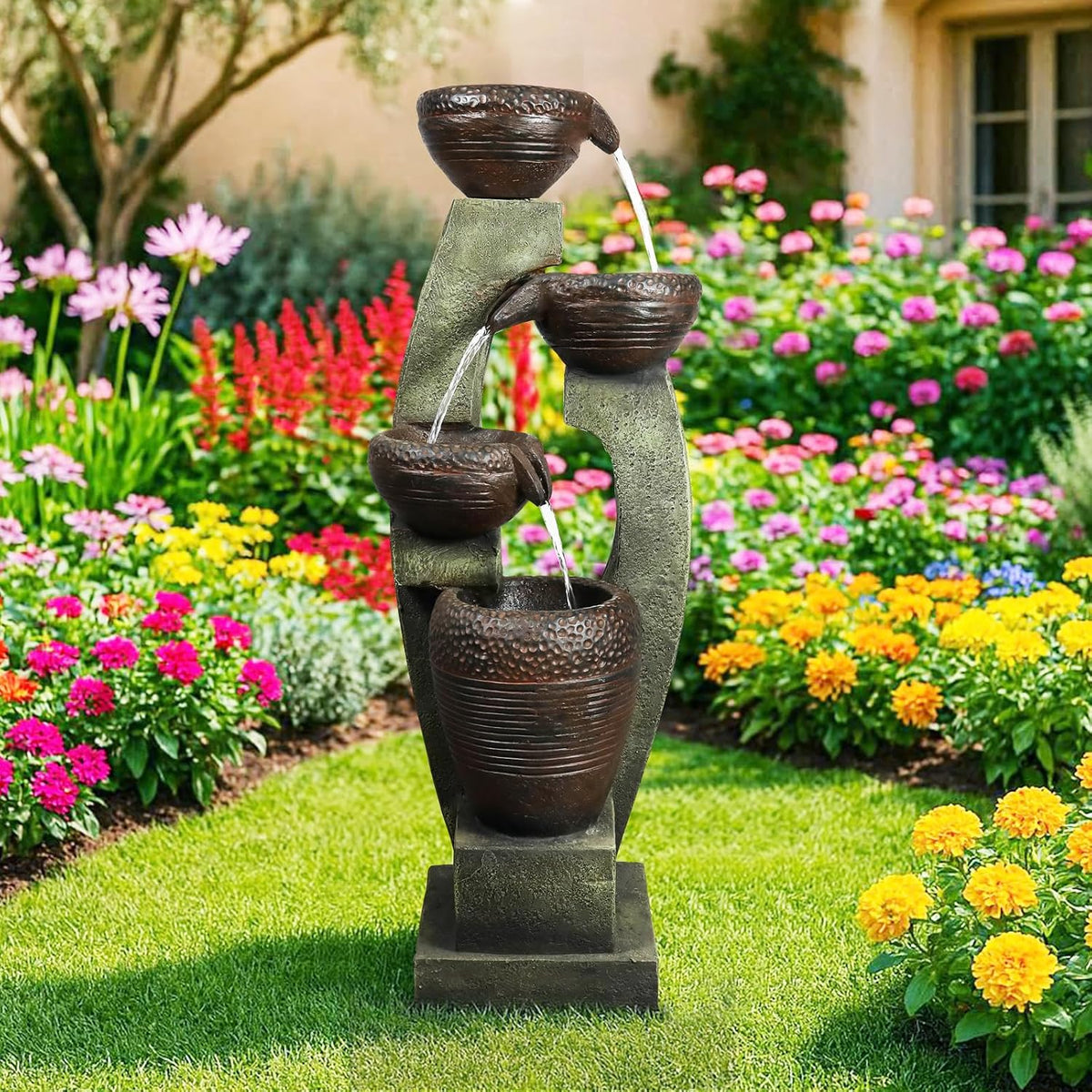 40” H Modern Outdoor Fountain - 4 Crocks Outdoor Garden Fountains with Contemporary Design&Led Light for Garden, Patio, Deck, Porch, Backyard and Home Art Decor (40In, Light Gray)