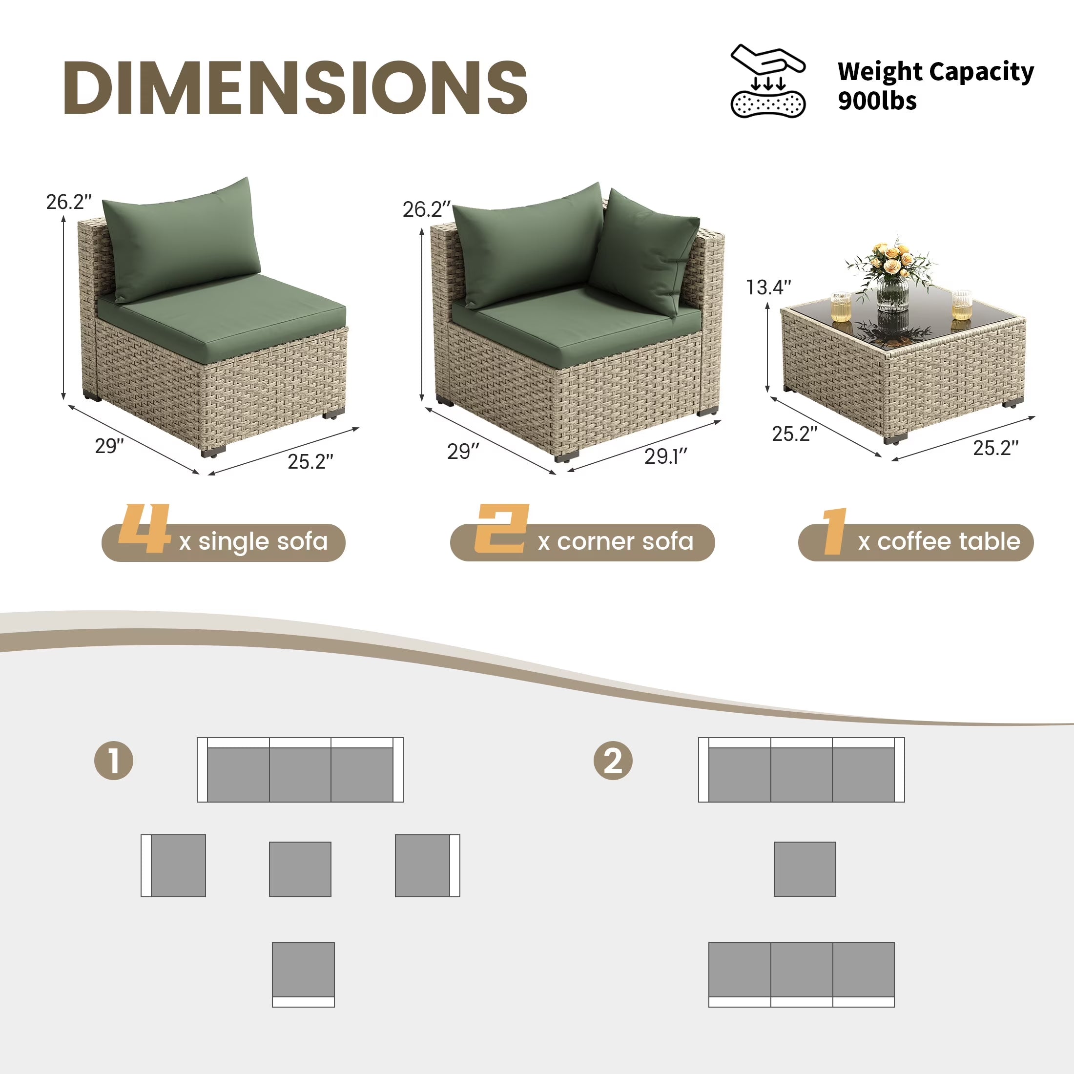7 Pieces Outdoor Patio Furniture Set, Grey Rattan Wicker Outdoor Conversation Sectional Sofa Set with Cushions for Backyard, Green