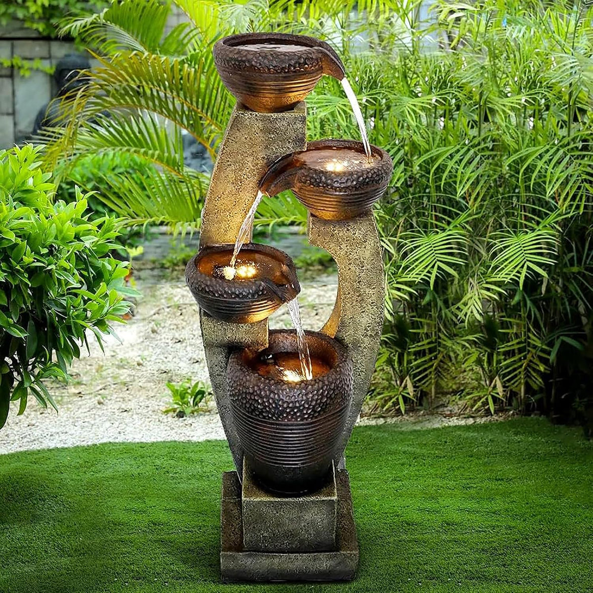 40” H Modern Outdoor Fountain - 4 Crocks Outdoor Garden Fountains with Contemporary Design&Led Light for Garden, Patio, Deck, Porch, Backyard and Home Art Decor (40In, Light Gray)