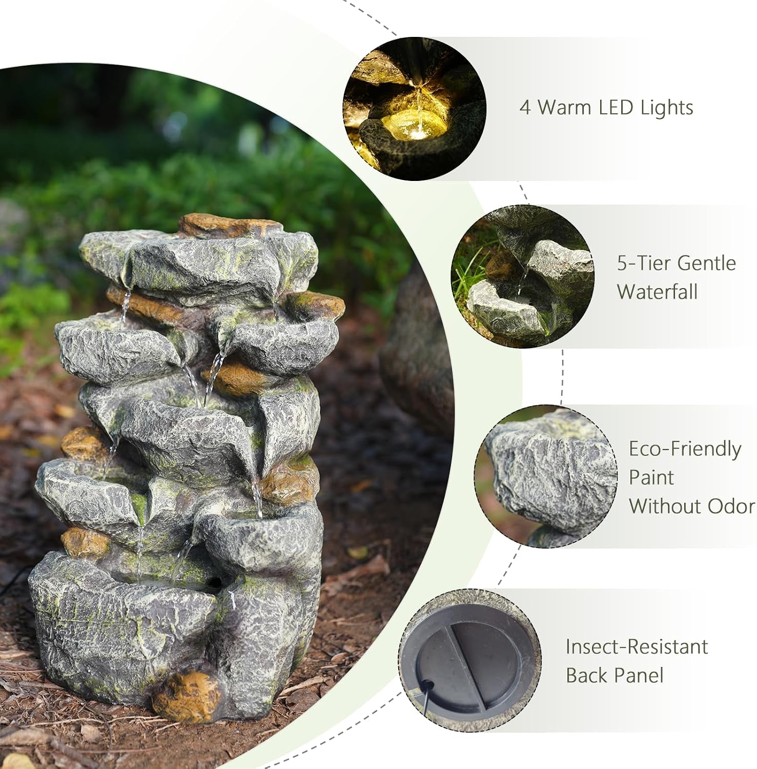 Solar Water Fountain Outdoor Garden, 24" H Cascading Stone Design 5 Tier Rock Feature Outdoor Fountains Waterfalls with Light, Pump Solar Panel for Patio, Deck, Porch, Backyard Home Décor