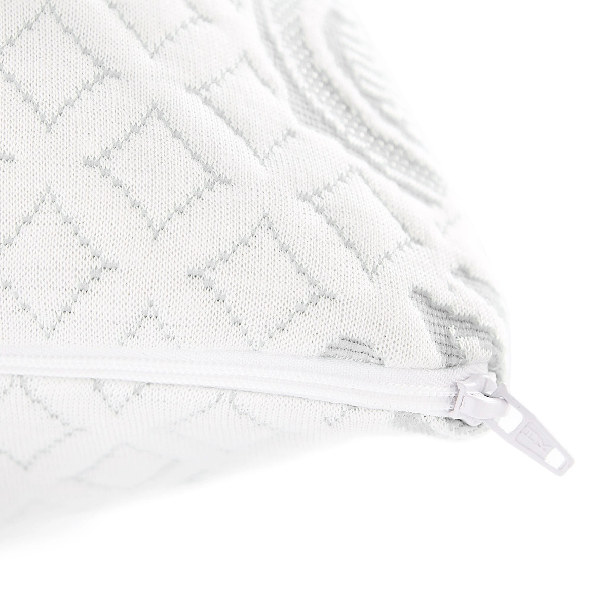 Close-up of white zipper mechanism and fine weave of breathable bamboo viscose cover