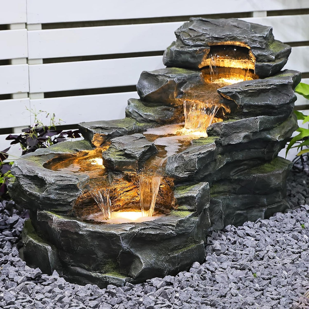 37" Water Fountain Outdoor, 5-Tier Rock Waterfall Fountain with LED Lights