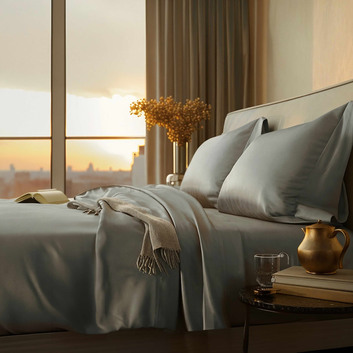 Grey sateen bedding set on bed with throw blanket, book, and sunset lighting