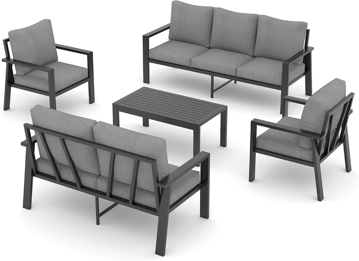 Aluminum Outdoor Patio Furniture Set 5 Pieces Metal Conversation Sets 7 Seat Sectional Sofa Modern Seating Set with Coffee Table for Outdoor Garden Backyard, Dark Grey