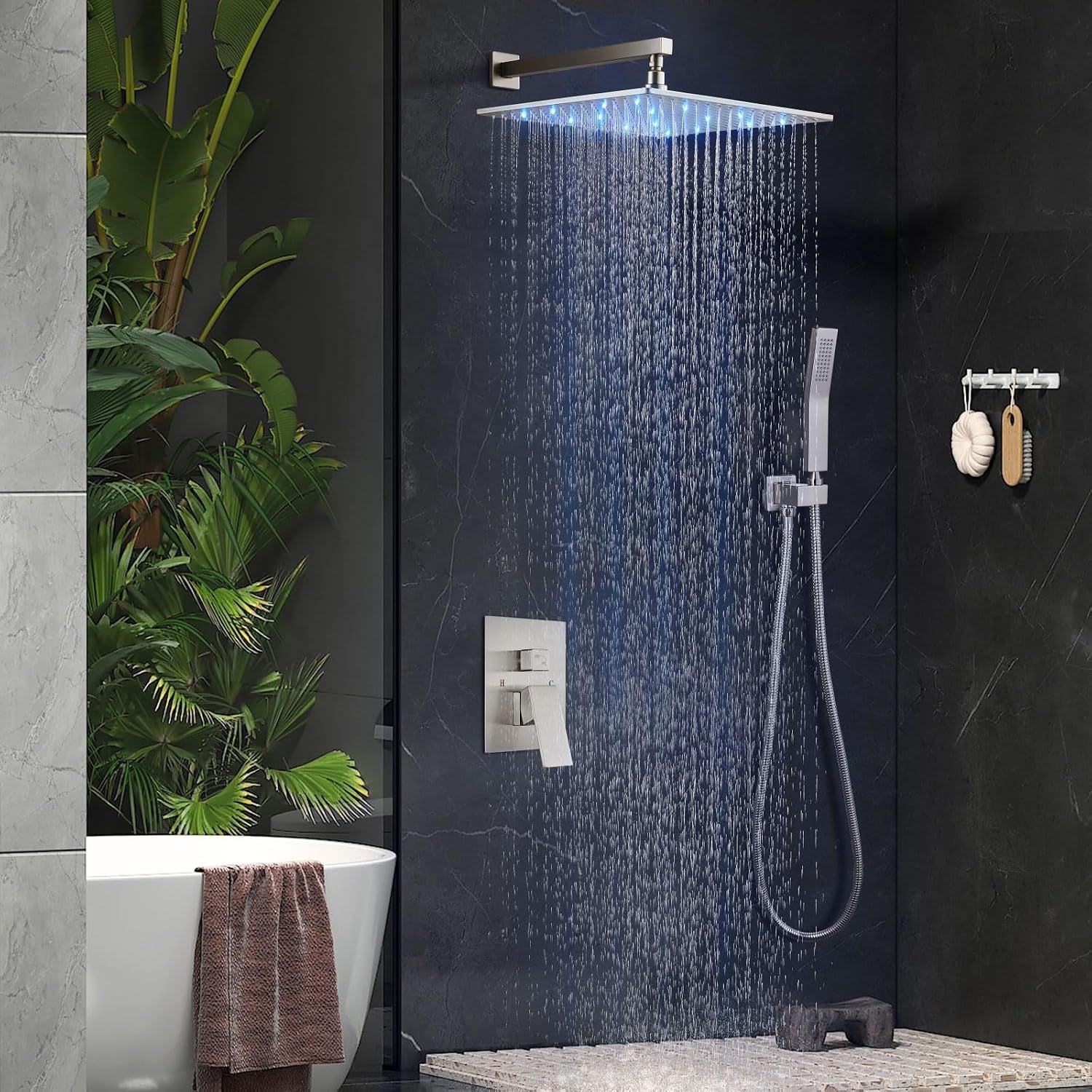 Shower Faucet Set with Valve Handheld 16" LED Head Brushed Nickel