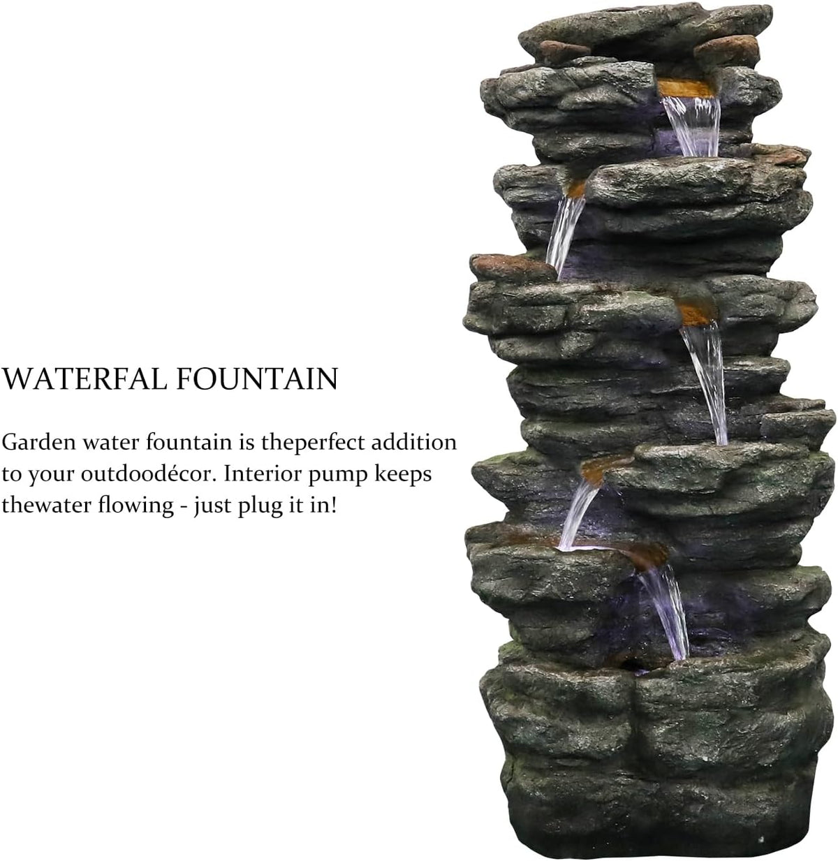 40" High 6-Tiers Cascading Rock Outdoor Water Fountain with LED Lights - Large Outdoor Fountains and Waterfalls for Garden or Patio, Yard, and Deck Decor, Featuring Natural Stone Look