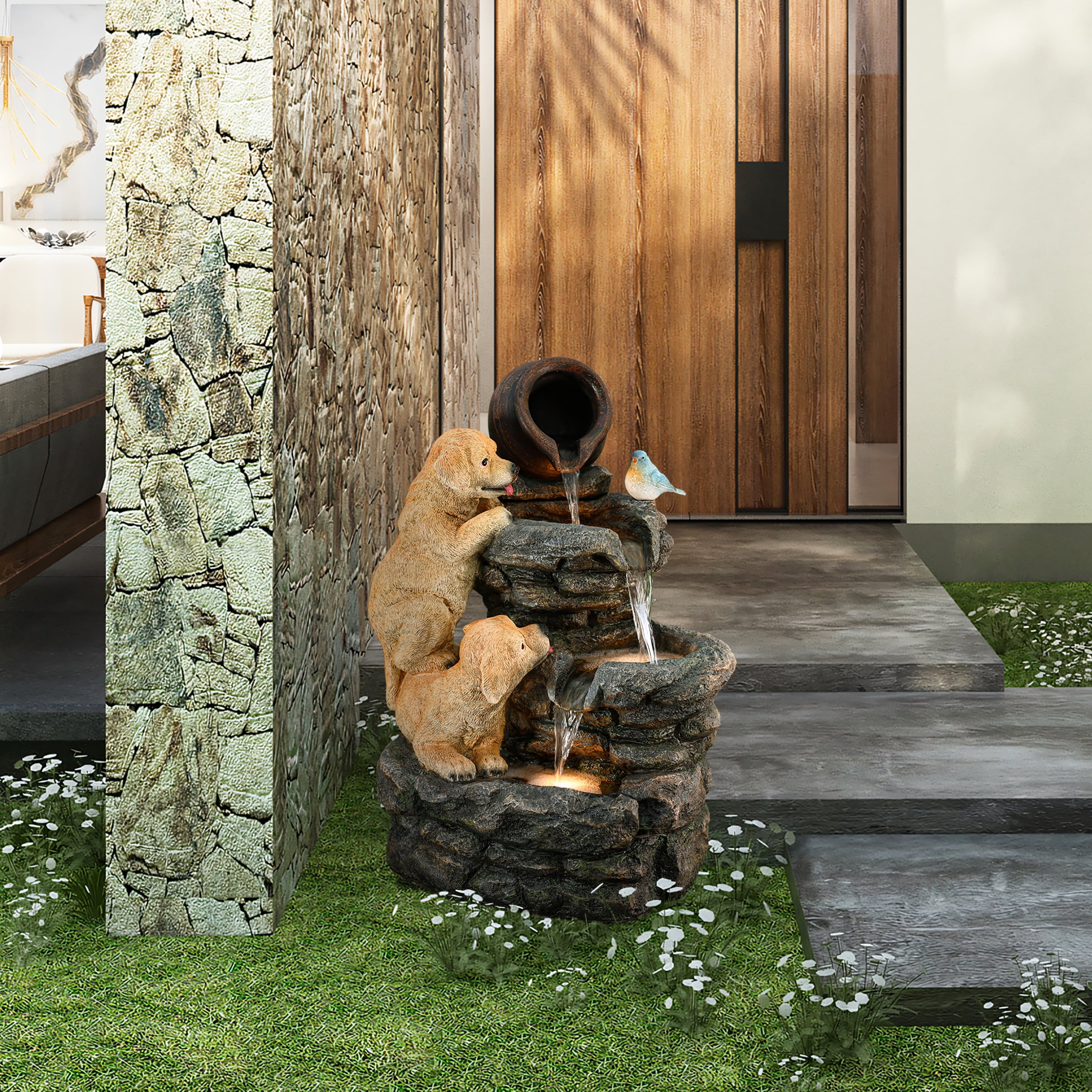 Outdoor Water Fountain, 26" Puppy and Rock Resin Water Fountains Indoor with LED Lights